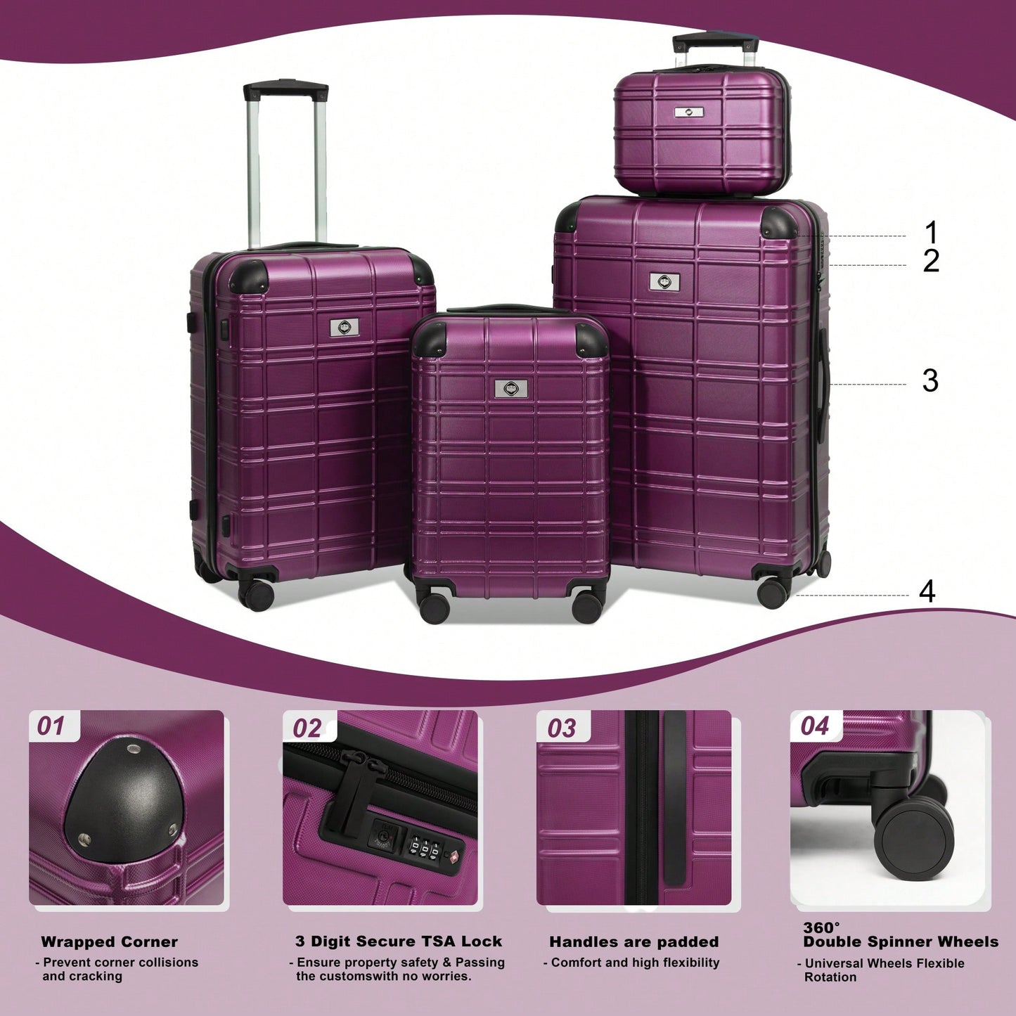 Lightweight Rose Gold Hardshell Luggage Set 4pcs with 360-Degree Spinner Wheels and TSA Lock Suitcases for Travel 12 20 24 28 Inches