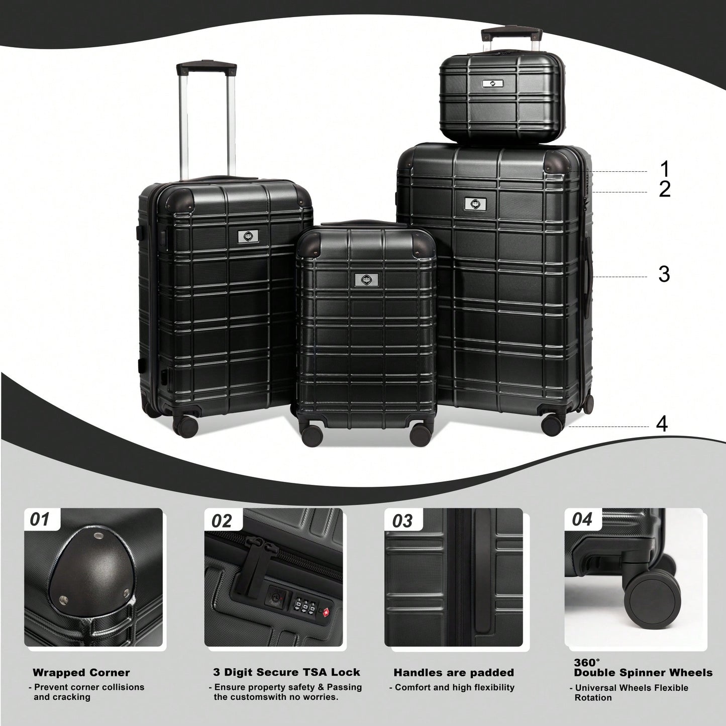 Lightweight Rose Gold Hardshell Luggage Set 4pcs with 360-Degree Spinner Wheels and TSA Lock Suitcases for Travel 12 20 24 28 Inches
