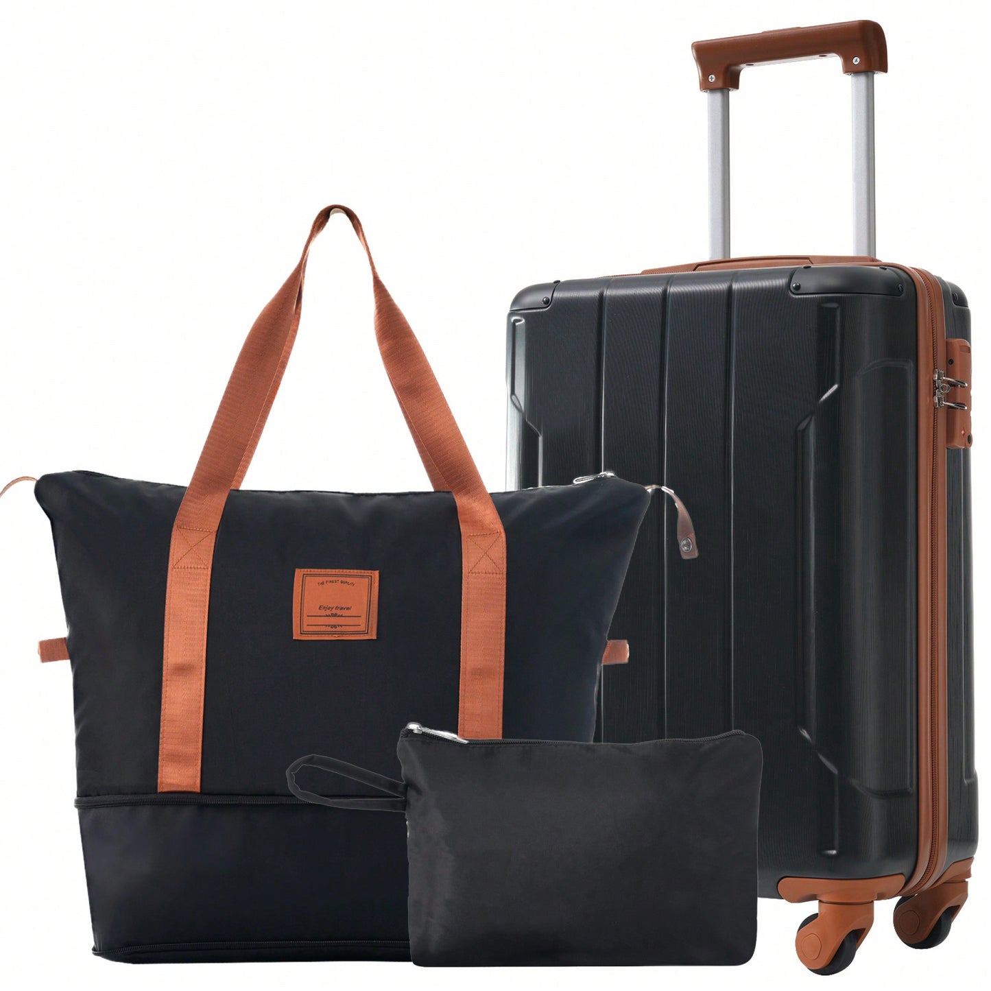 Lightweight 3 Piece Hardshell Luggage Set with TSA Lock Wheels Duffel Toiletry Bag Black Brown