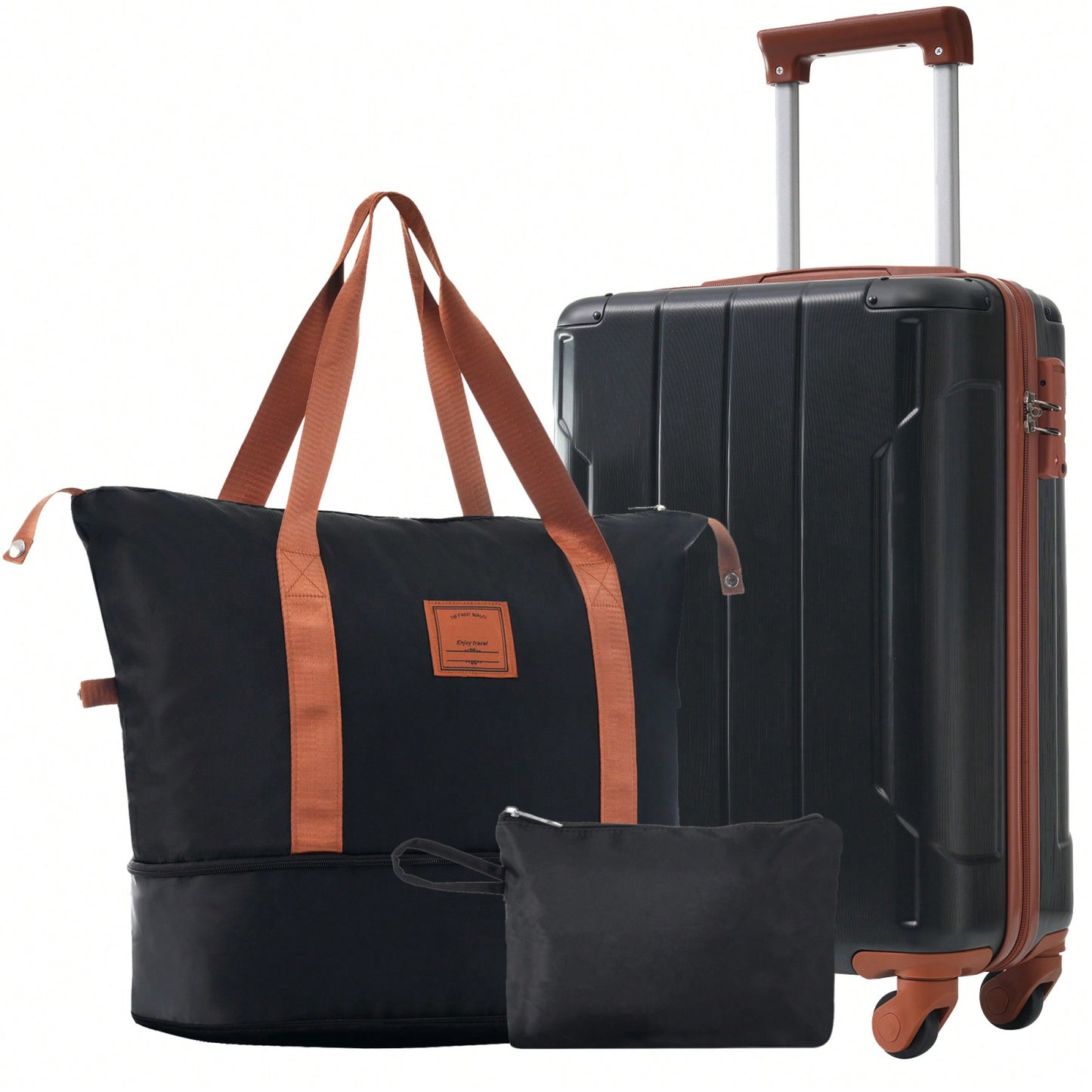 Lightweight 3 Piece Hardshell Luggage Set with TSA Lock Wheels Duffel Toiletry Bag Black Brown