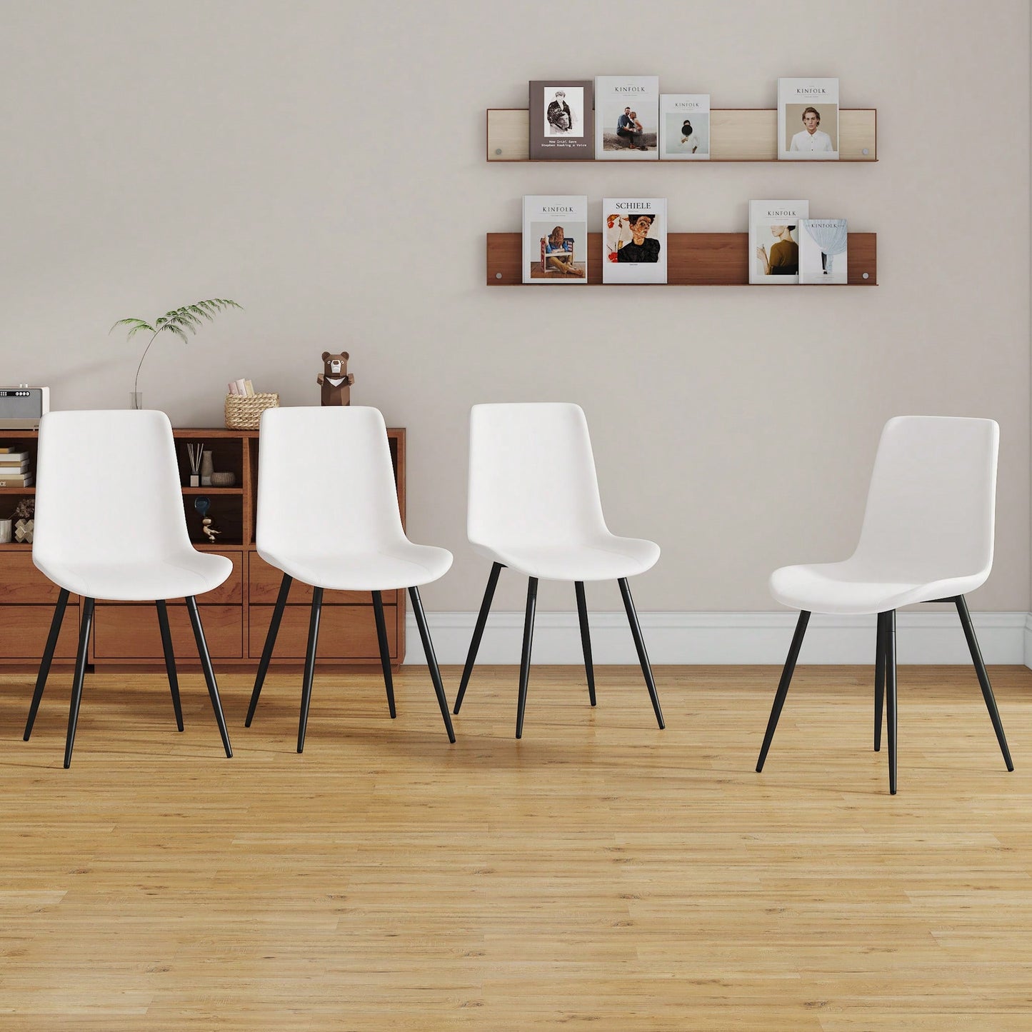 Curved Cushion White Faux Leather Dining Chairs with Black Metal Legs Set of 4 for Kitchen Restaurant Office