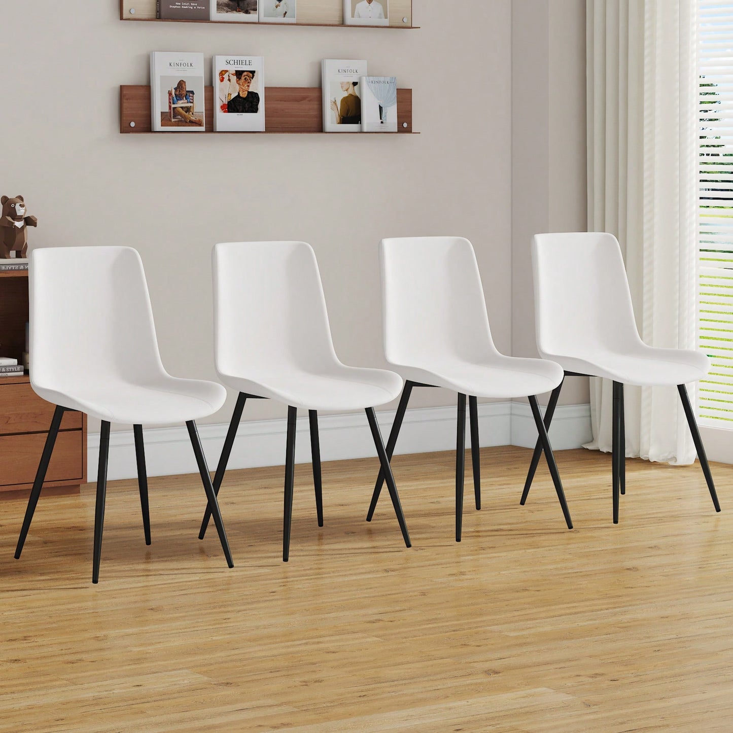 Curved Cushion White Faux Leather Dining Chairs with Black Metal Legs Set of 4 for Kitchen Restaurant Office