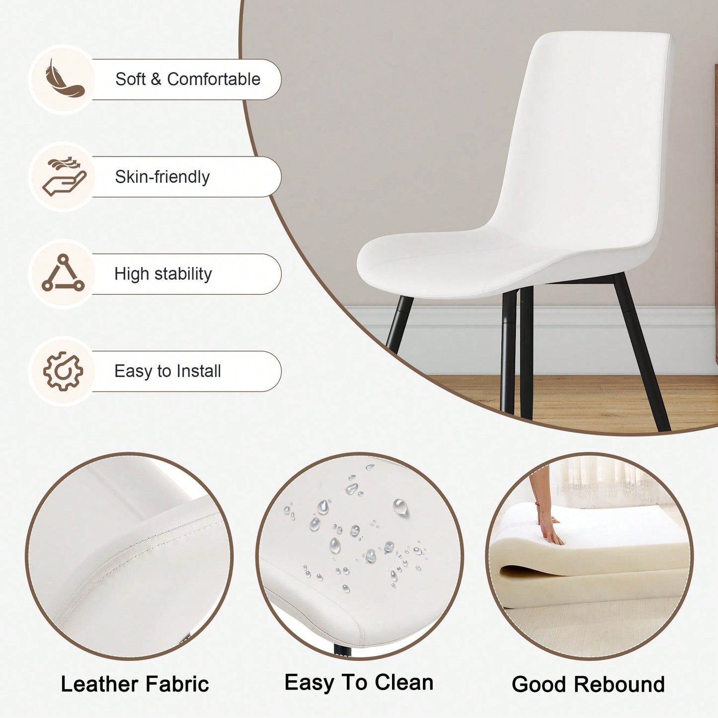 Curved Cushion White Faux Leather Dining Chairs with Black Metal Legs Set of 4 for Kitchen Restaurant Office