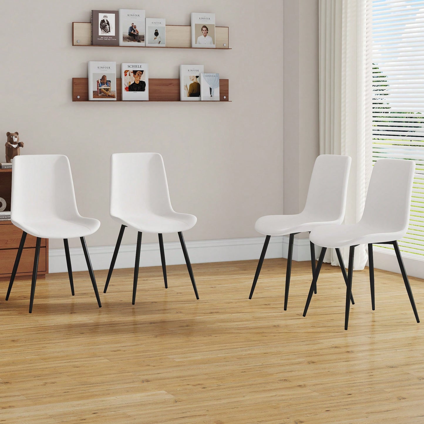 Curved Cushion White Faux Leather Dining Chairs with Black Metal Legs Set of 4 for Kitchen Restaurant Office