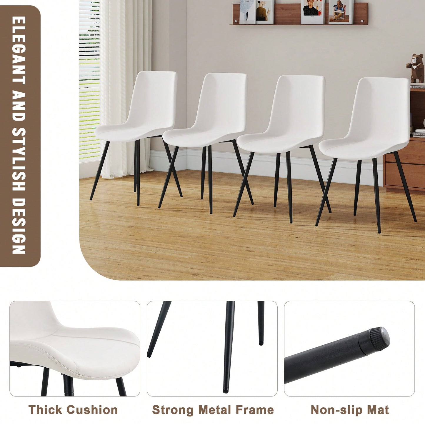 Curved Cushion White Faux Leather Dining Chairs with Black Metal Legs Set of 4 for Kitchen Restaurant Office