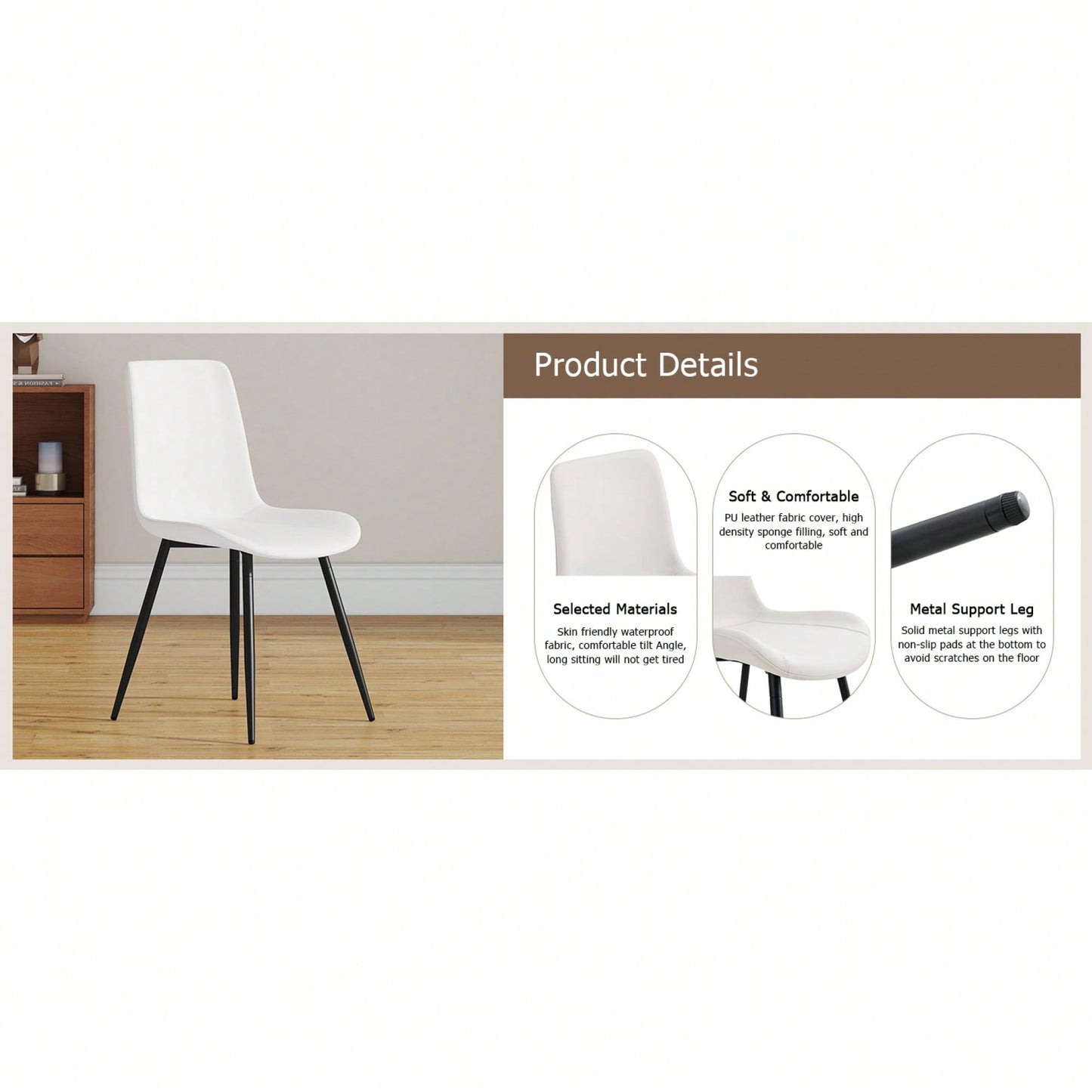Curved Cushion White Faux Leather Dining Chairs with Black Metal Legs Set of 4 for Kitchen Restaurant Office