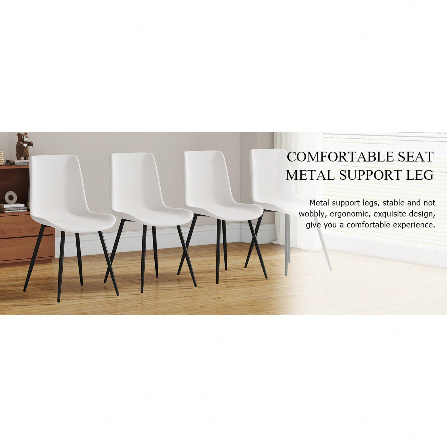Curved Cushion White Faux Leather Dining Chairs with Black Metal Legs Set of 4 for Kitchen Restaurant Office