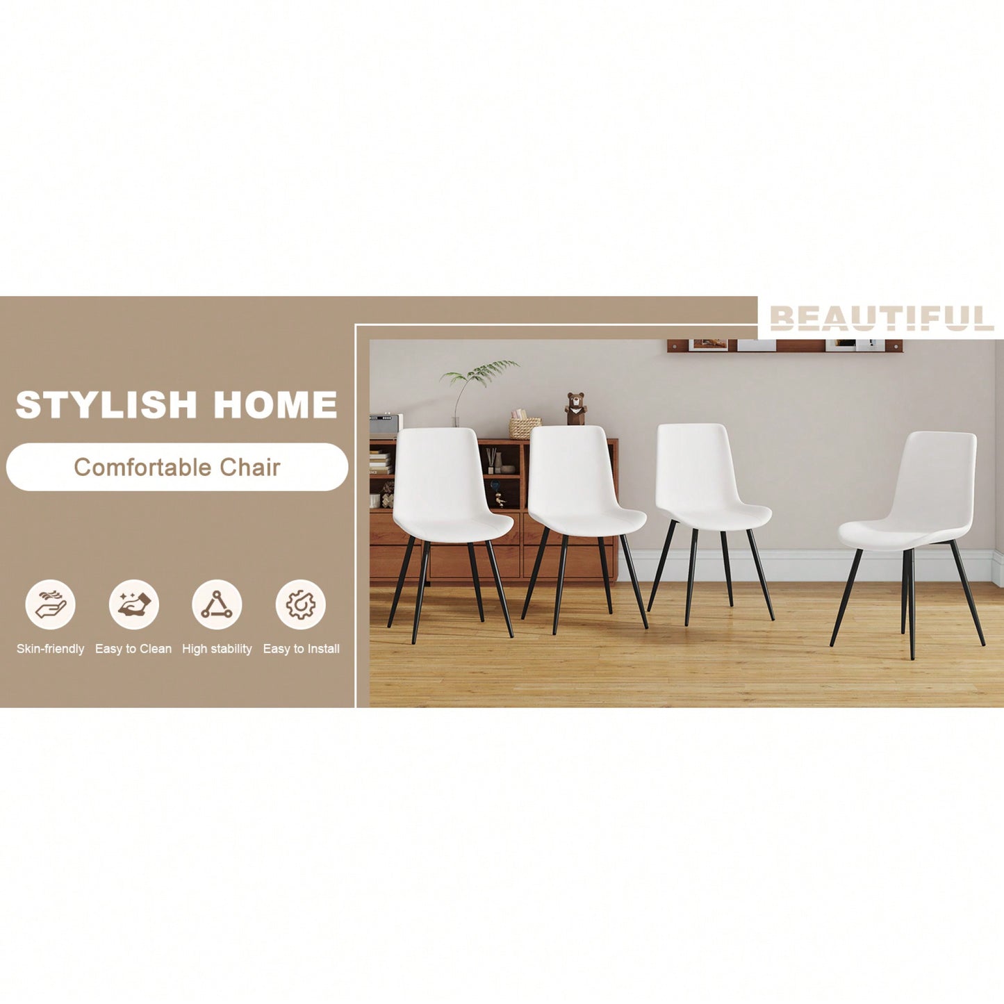 Curved Cushion White Faux Leather Dining Chairs with Black Metal Legs Set of 4 for Kitchen Restaurant Office