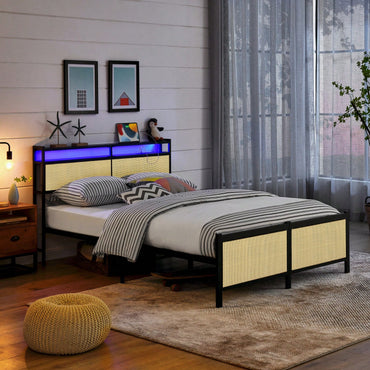 Stylish Wrought Iron Bed Frame With USB Charging Port And Lamp, Durable Metal Platform Bed For Twin Full Double Size