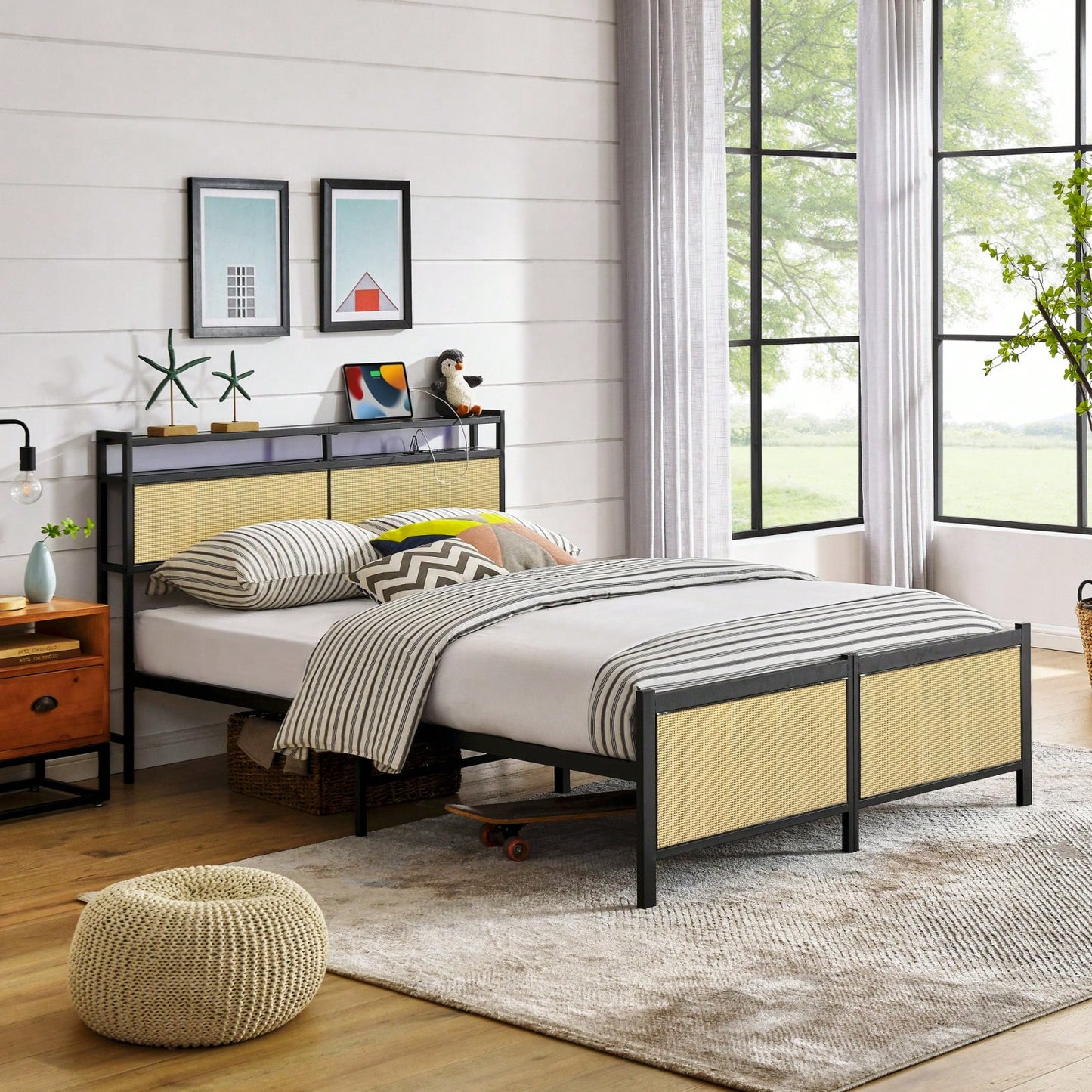 Stylish Wrought Iron Bed Frame With USB Charging Port And Lamp, Durable Metal Platform Bed For Twin Full Double Size