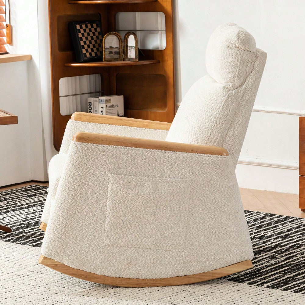 Comfortable High Back Upholstered Rocking Chair With Footrest And Side Pocket For Living Room Nursery Bedroom
