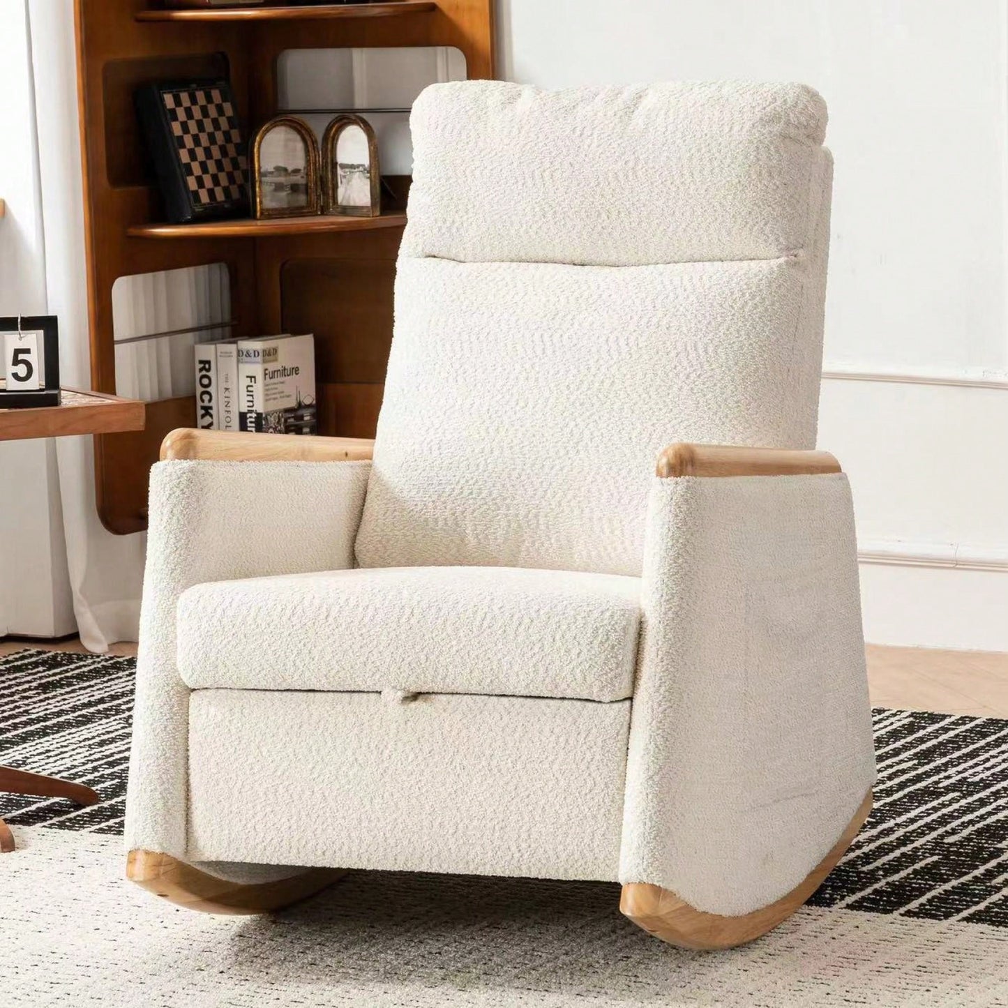 Comfortable High Back Upholstered Rocking Chair With Footrest And Side Pocket For Living Room Nursery Bedroom