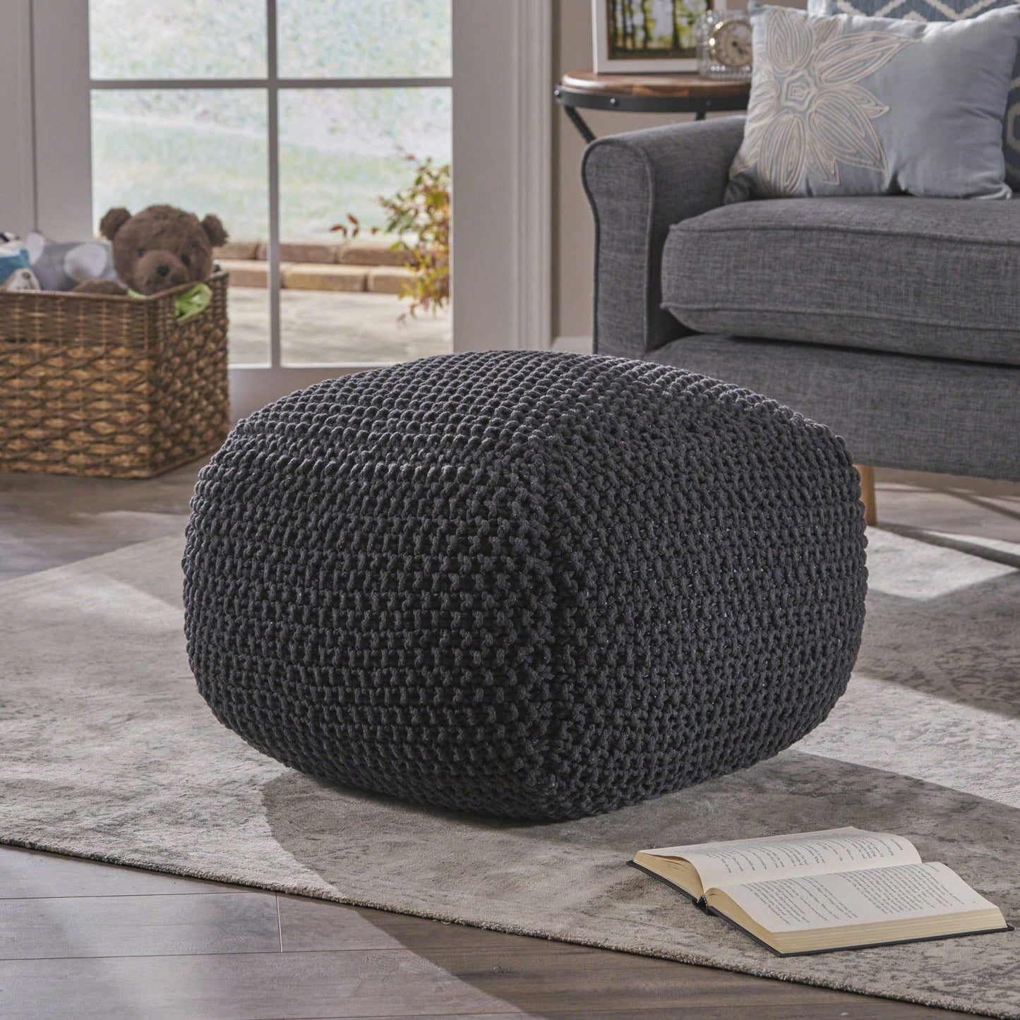 Knitted Cotton Square Pouf Cube Dark Grey 20x20x16 For Extra Seating Or Footrest