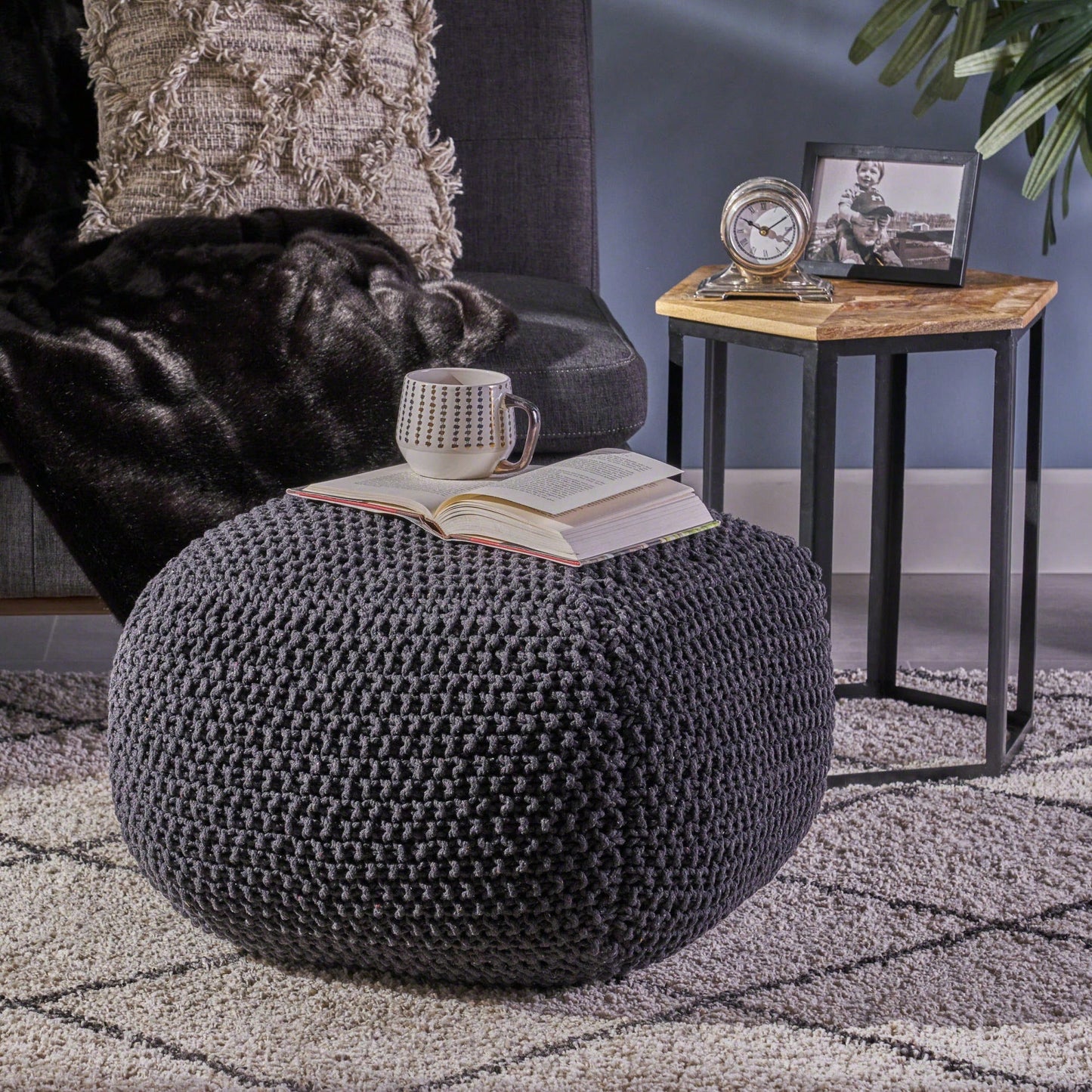 Knitted Cotton Square Pouf Cube Dark Grey 20x20x16 For Extra Seating Or Footrest