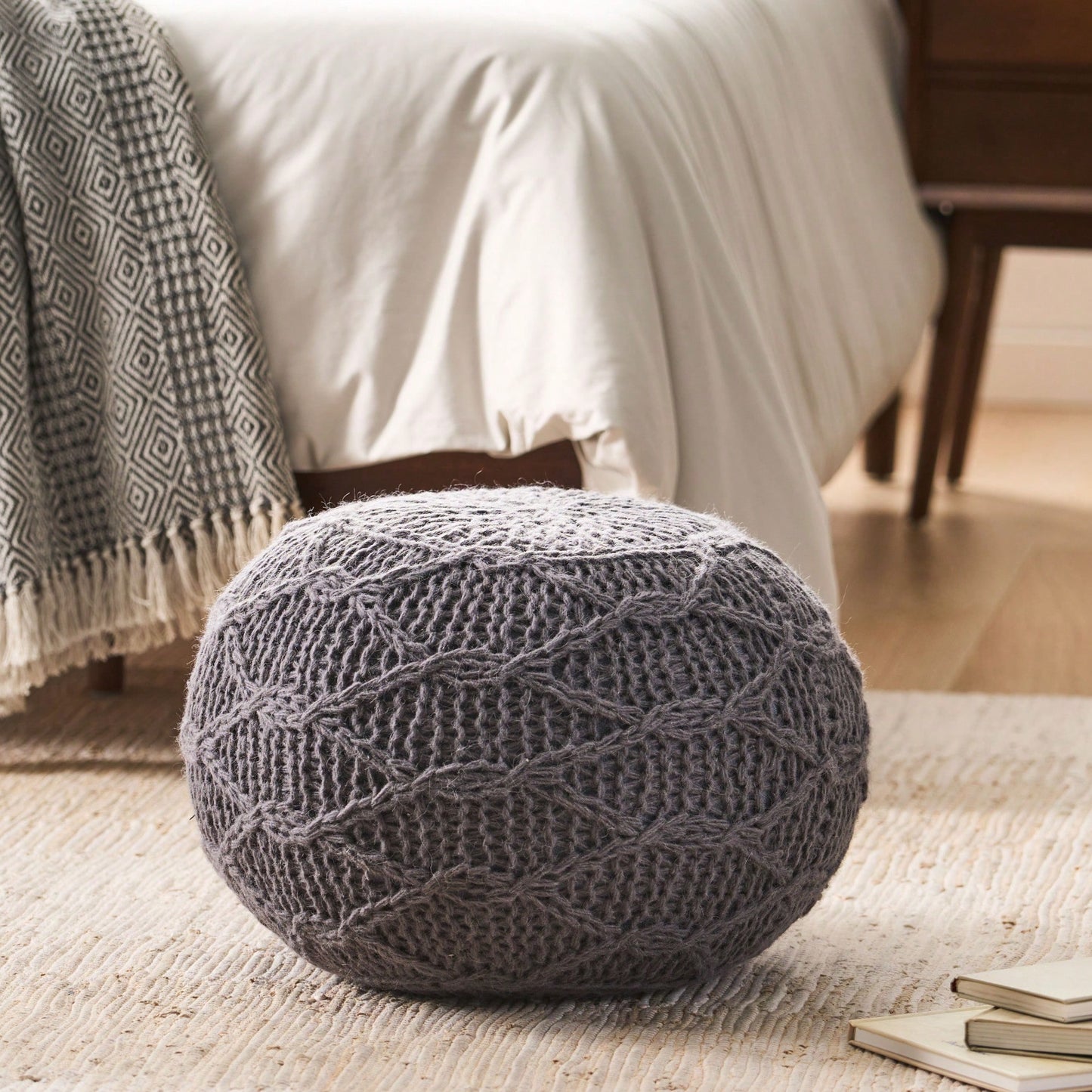 Modern Handcrafted Knitted Wool Round Pouf 20x20 For Cozy Home Decor
