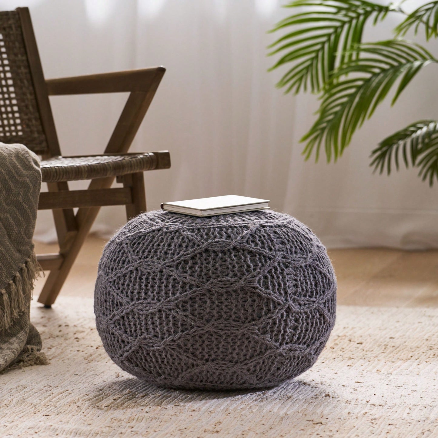 Modern Handcrafted Knitted Wool Round Pouf 20x20 For Cozy Home Decor