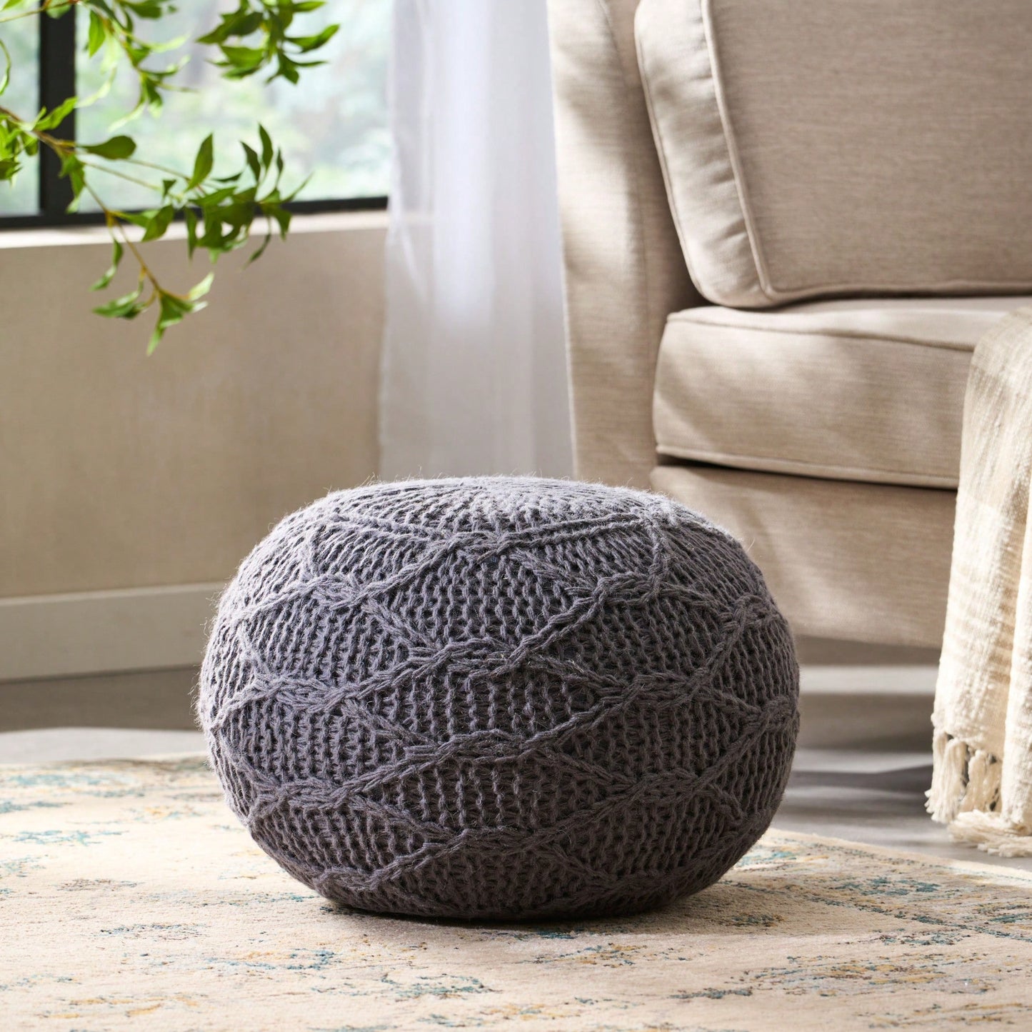 Modern Handcrafted Knitted Wool Round Pouf 20x20 For Cozy Home Decor