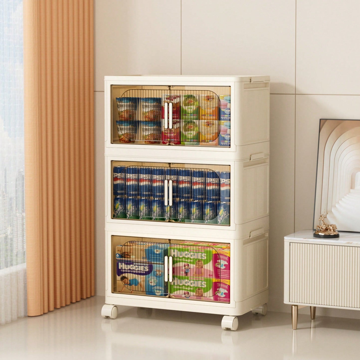 3-Tier Collapsible Storage Cabinet with Magnetic Doors and Rolling Bins for Home Organization