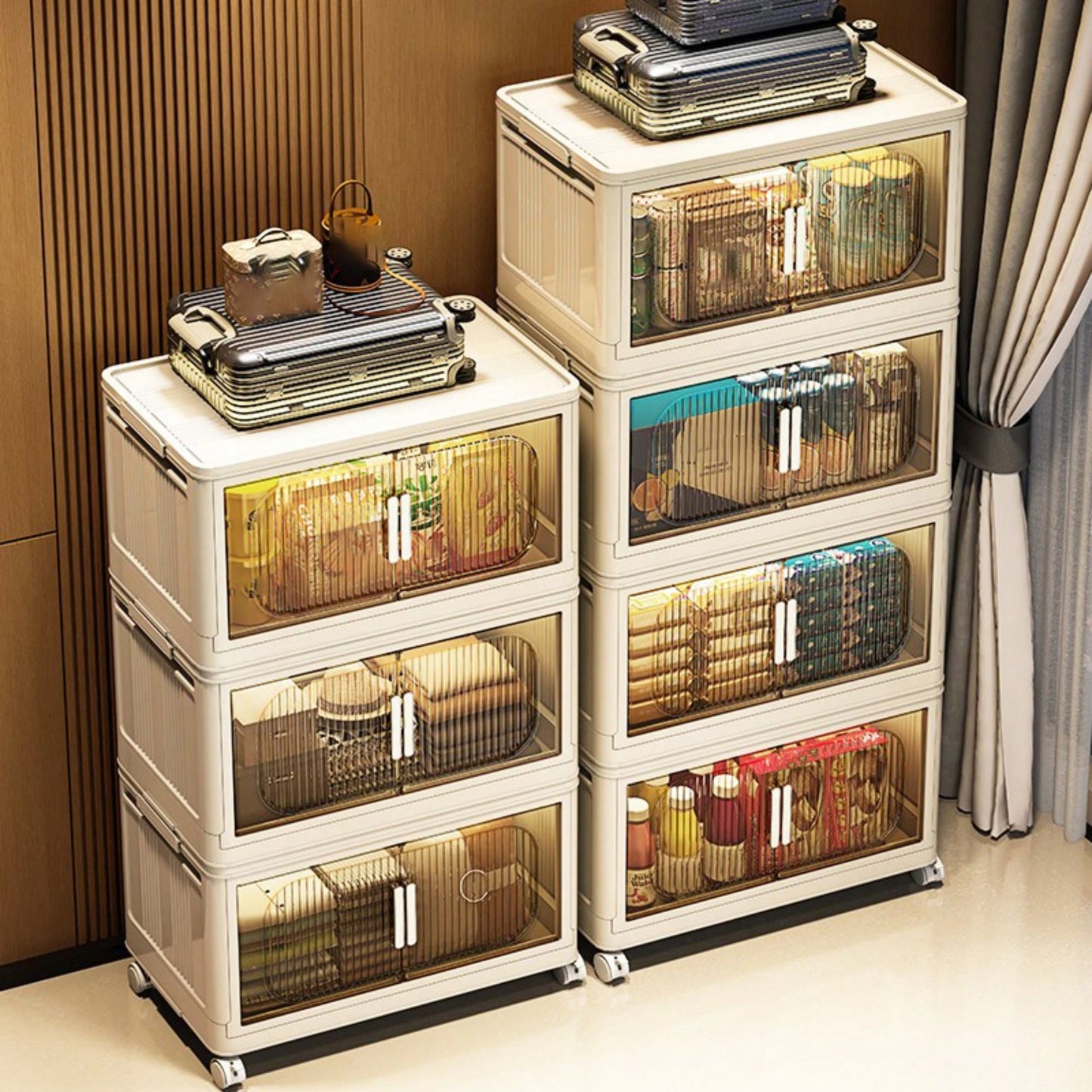 3-Tier Collapsible Storage Cabinet with Magnetic Doors and Rolling Bins for Home Organization
