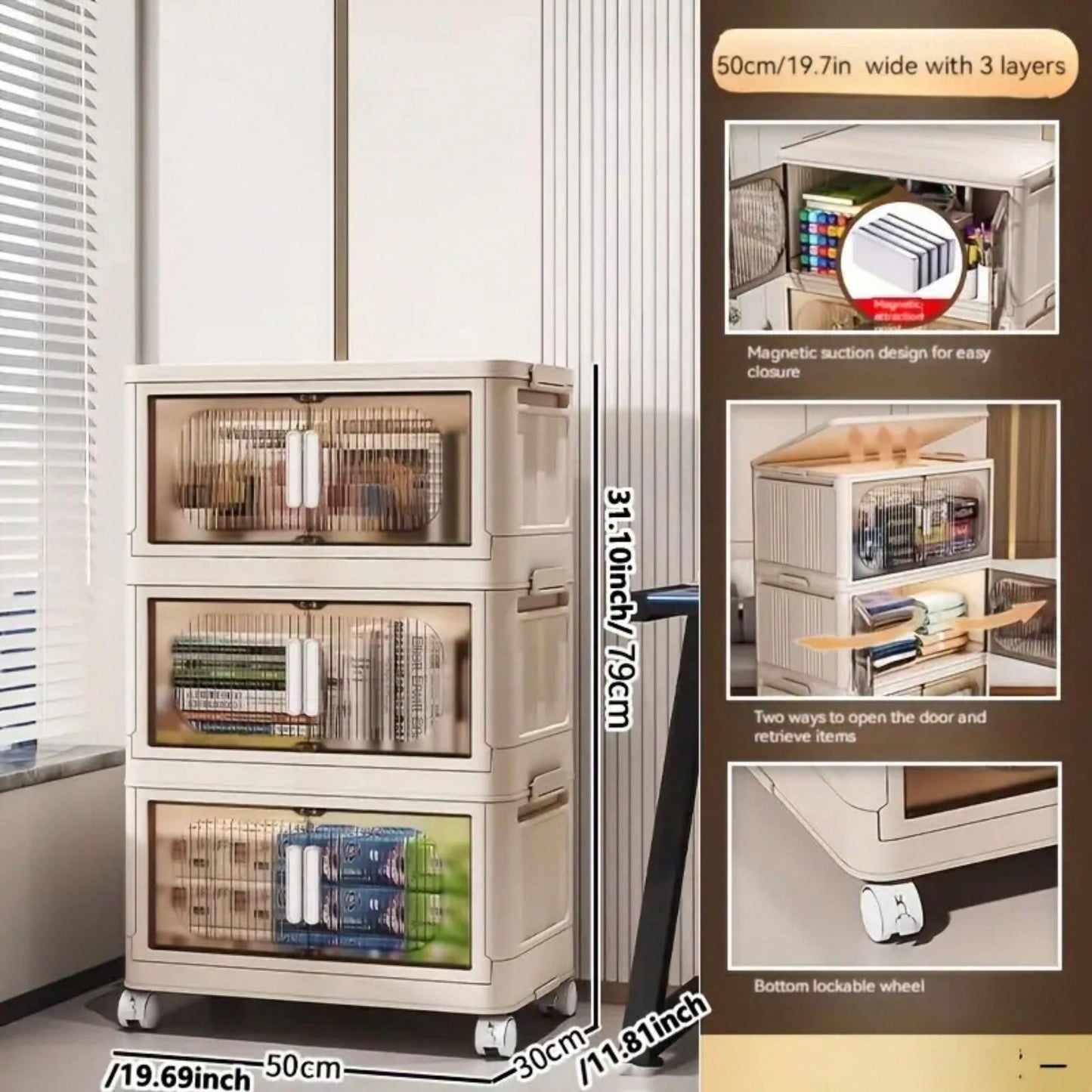 3-Tier Collapsible Storage Cabinet with Magnetic Doors and Rolling Bins for Home Organization