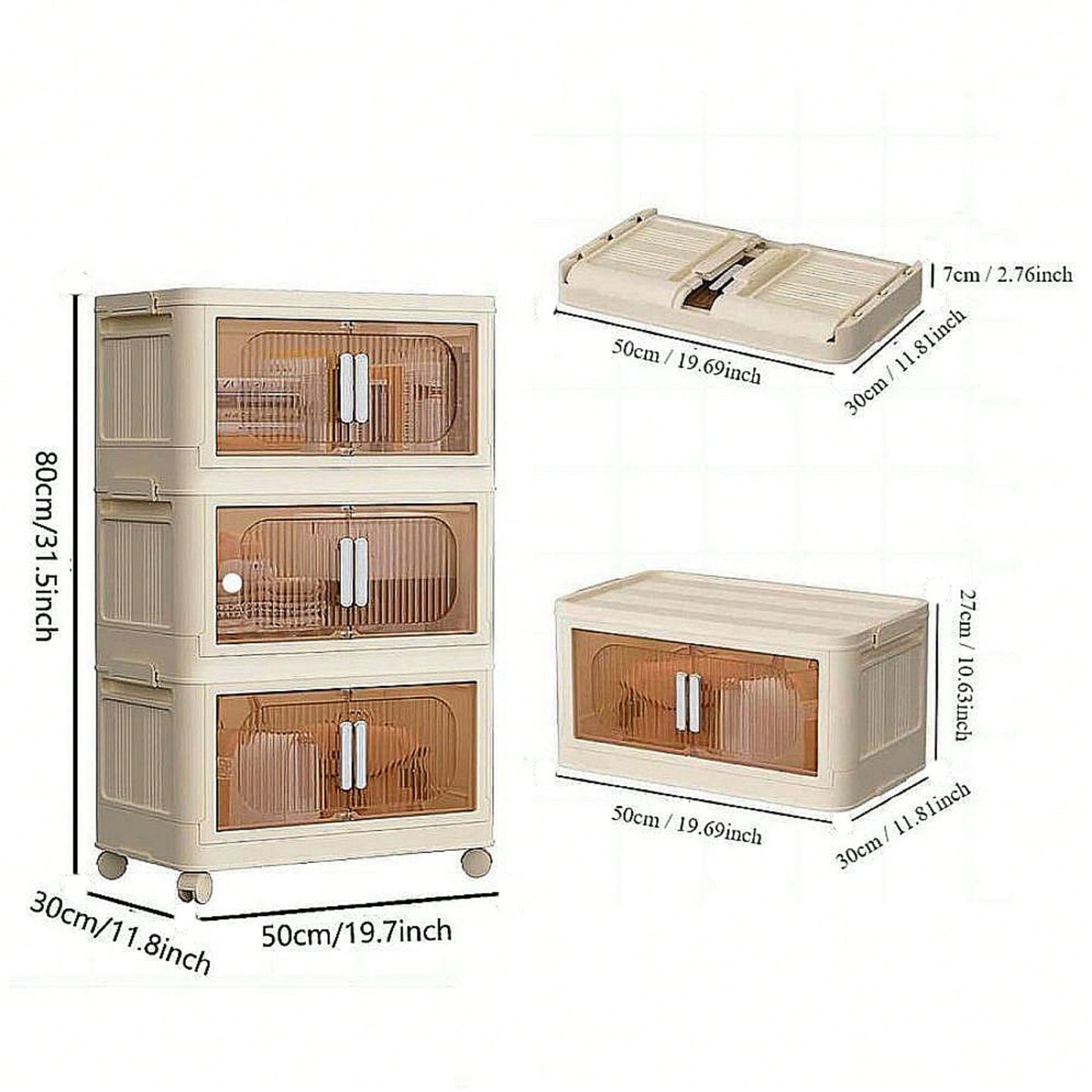 3-Tier Collapsible Storage Cabinet with Magnetic Doors and Rolling Bins for Home Organization