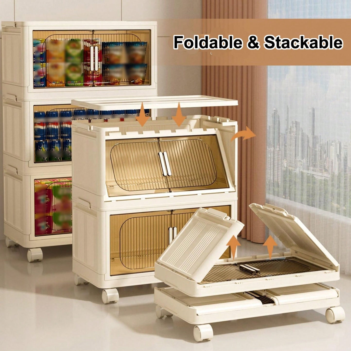 3-Tier Collapsible Storage Cabinet with Magnetic Doors and Rolling Bins for Home Organization