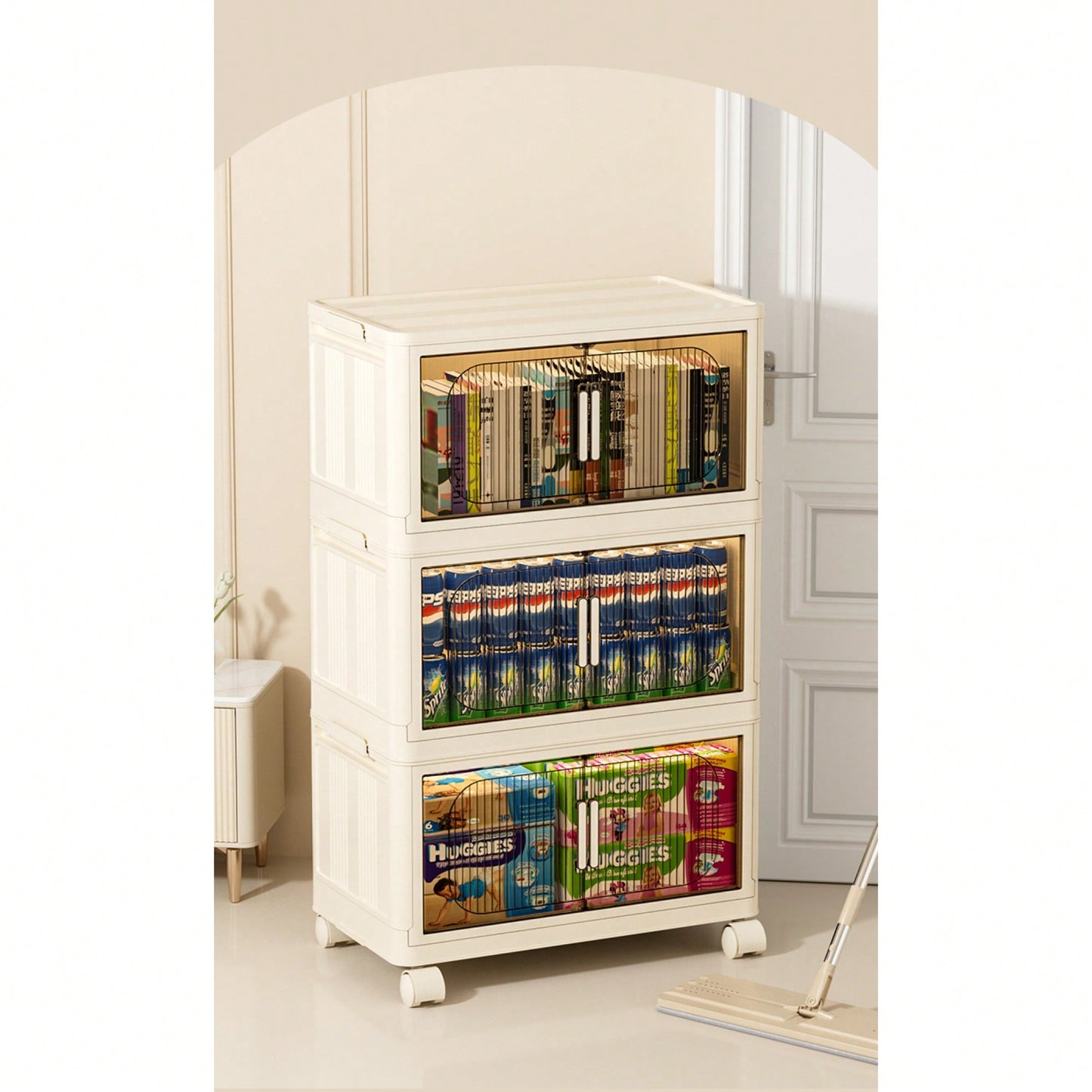 3-Tier Collapsible Storage Cabinet with Magnetic Doors and Rolling Bins for Home Organization