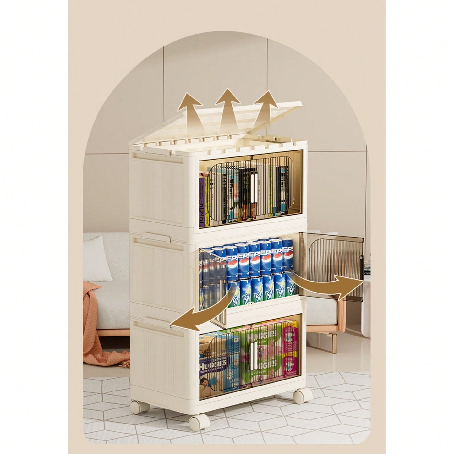 3-Tier Collapsible Storage Cabinet with Magnetic Doors and Rolling Bins for Home Organization