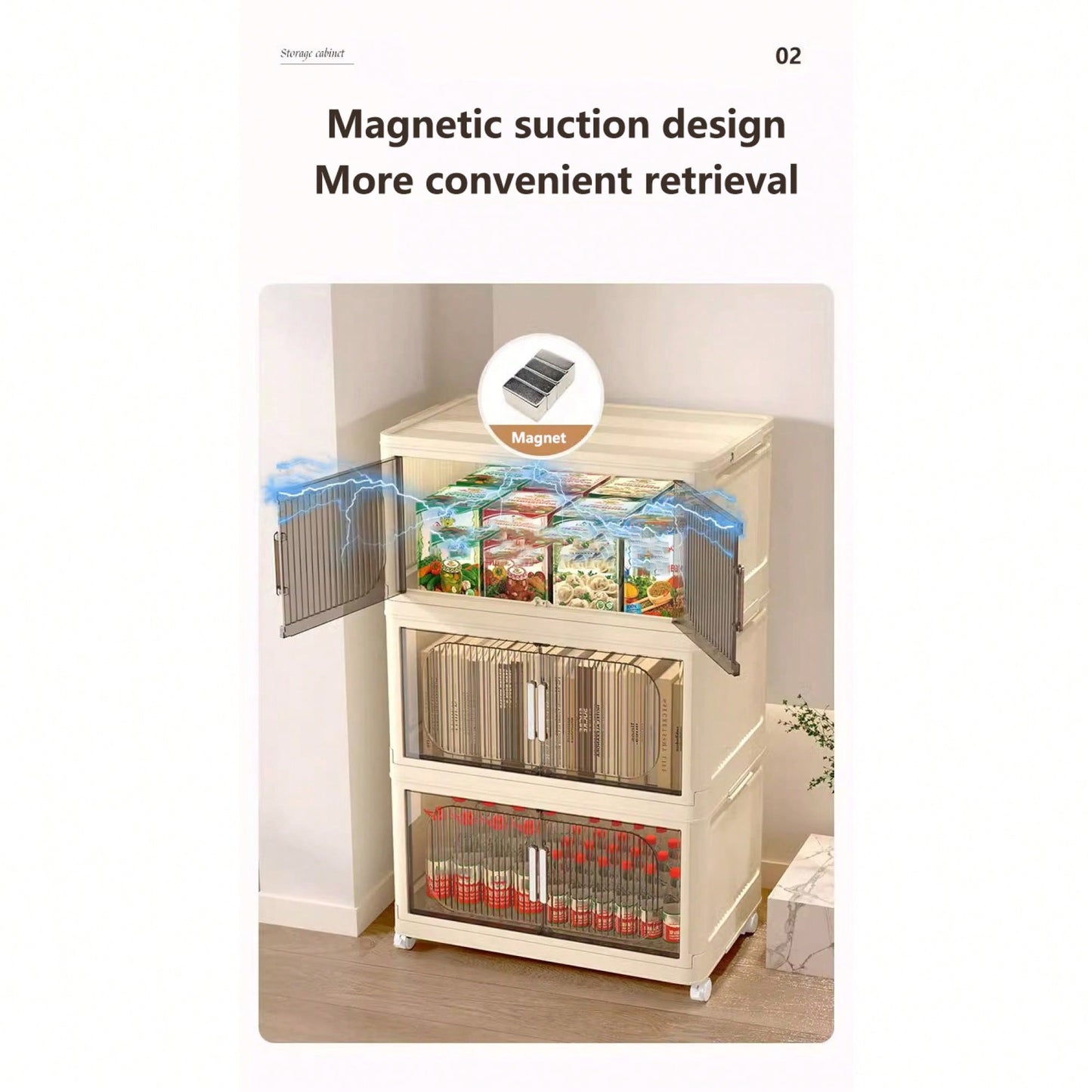 3-Tier Collapsible Storage Cabinet with Magnetic Doors and Rolling Bins for Home Organization