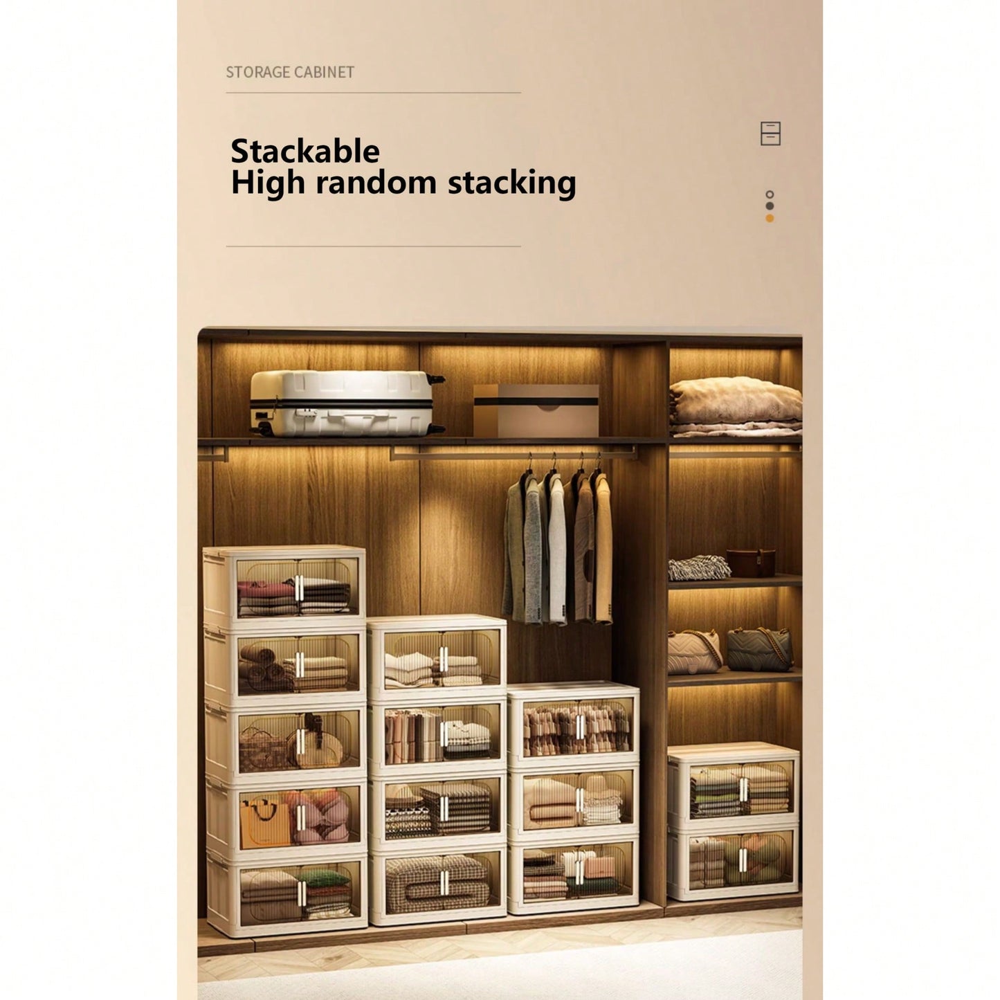 3-Tier Collapsible Storage Cabinet with Magnetic Doors and Rolling Bins for Home Organization