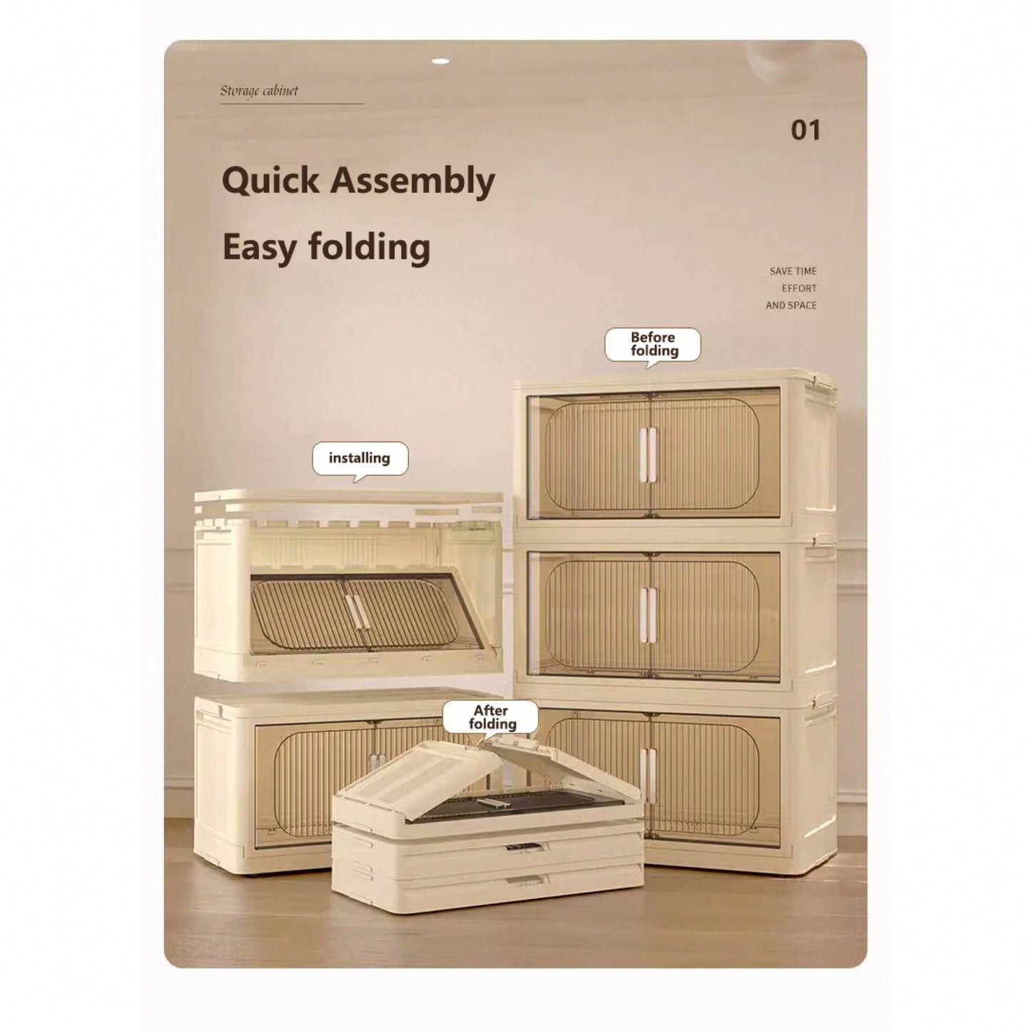 3-Tier Collapsible Storage Cabinet with Magnetic Doors and Rolling Bins for Home Organization