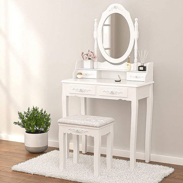 Elegant White Vanity Table Set With 4 Drawers, Cushioned Stool And 360° Oval Mirror For Makeup And Dressing