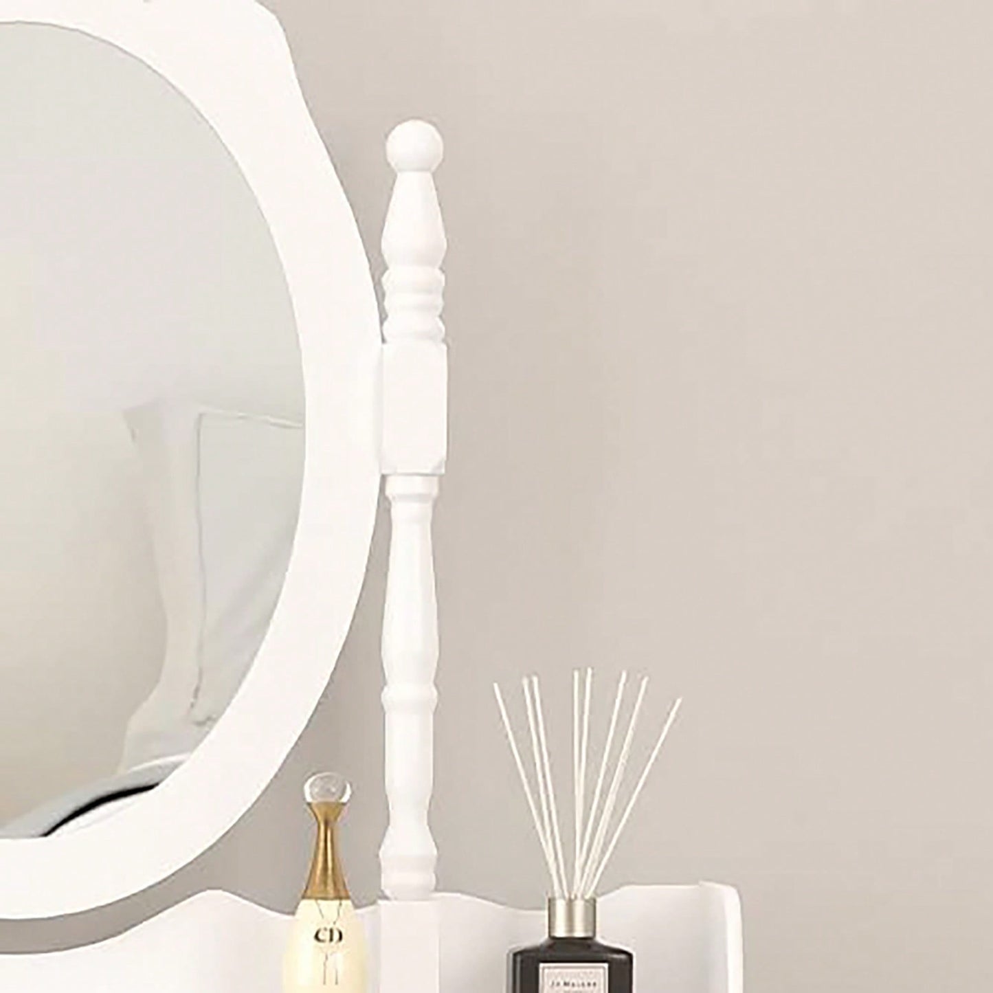 Elegant White Vanity Table Set With 4 Drawers, Cushioned Stool And 360° Oval Mirror For Makeup And Dressing