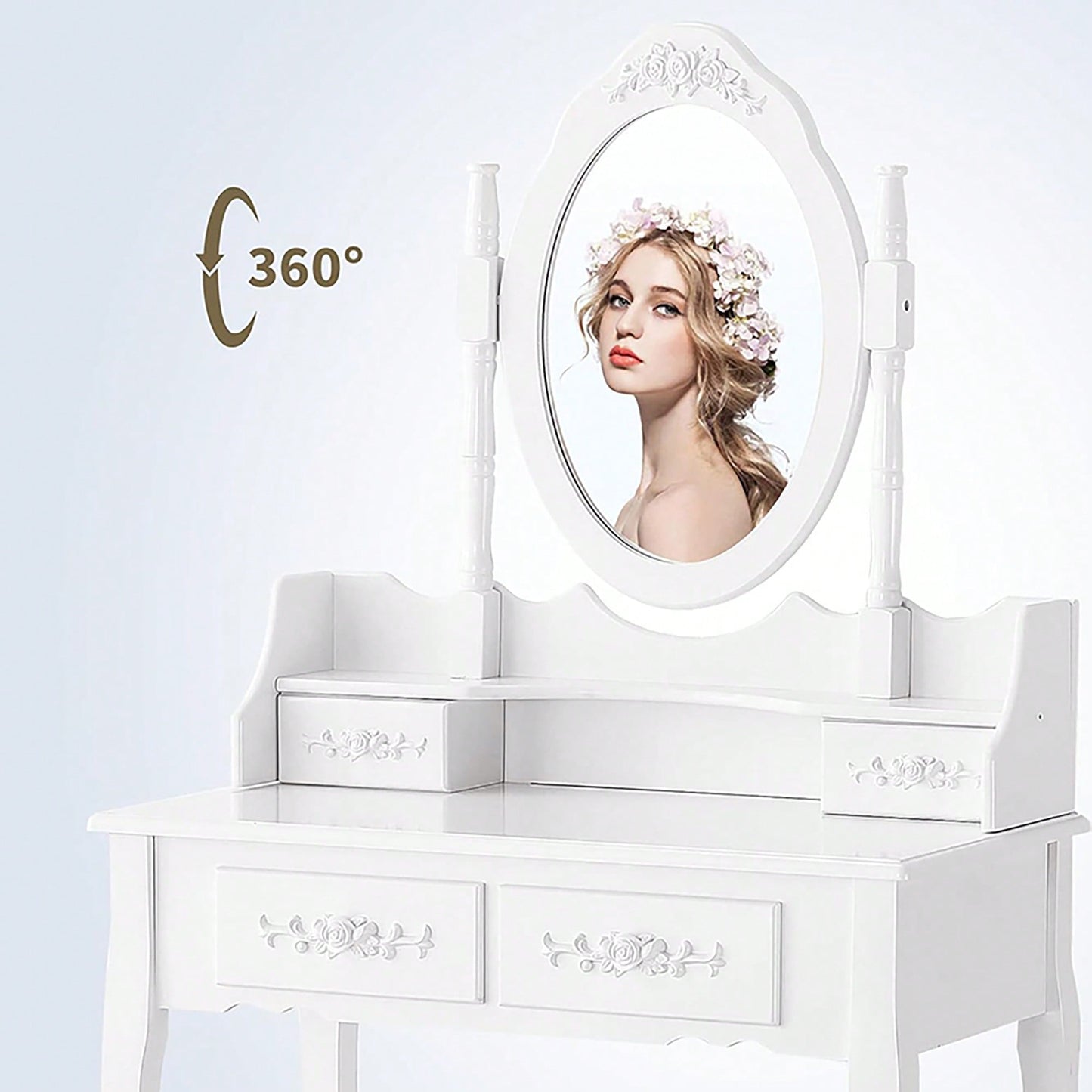 Elegant White Vanity Table Set With 4 Drawers, Cushioned Stool And 360° Oval Mirror For Makeup And Dressing