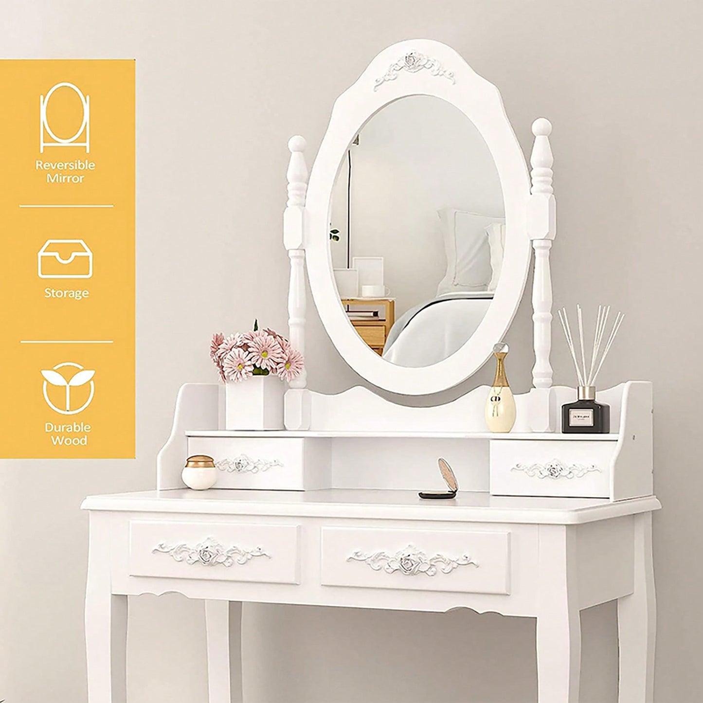 Elegant White Vanity Table Set With 4 Drawers, Cushioned Stool And 360° Oval Mirror For Makeup And Dressing
