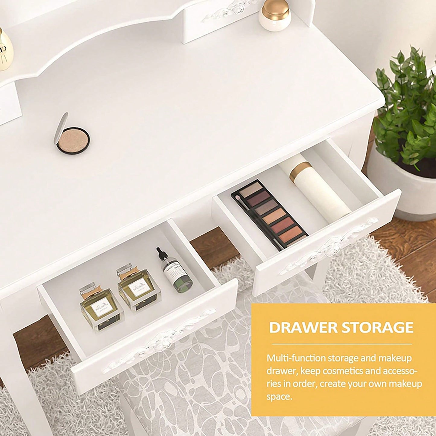 Elegant White Vanity Table Set With 4 Drawers, Cushioned Stool And 360° Oval Mirror For Makeup And Dressing
