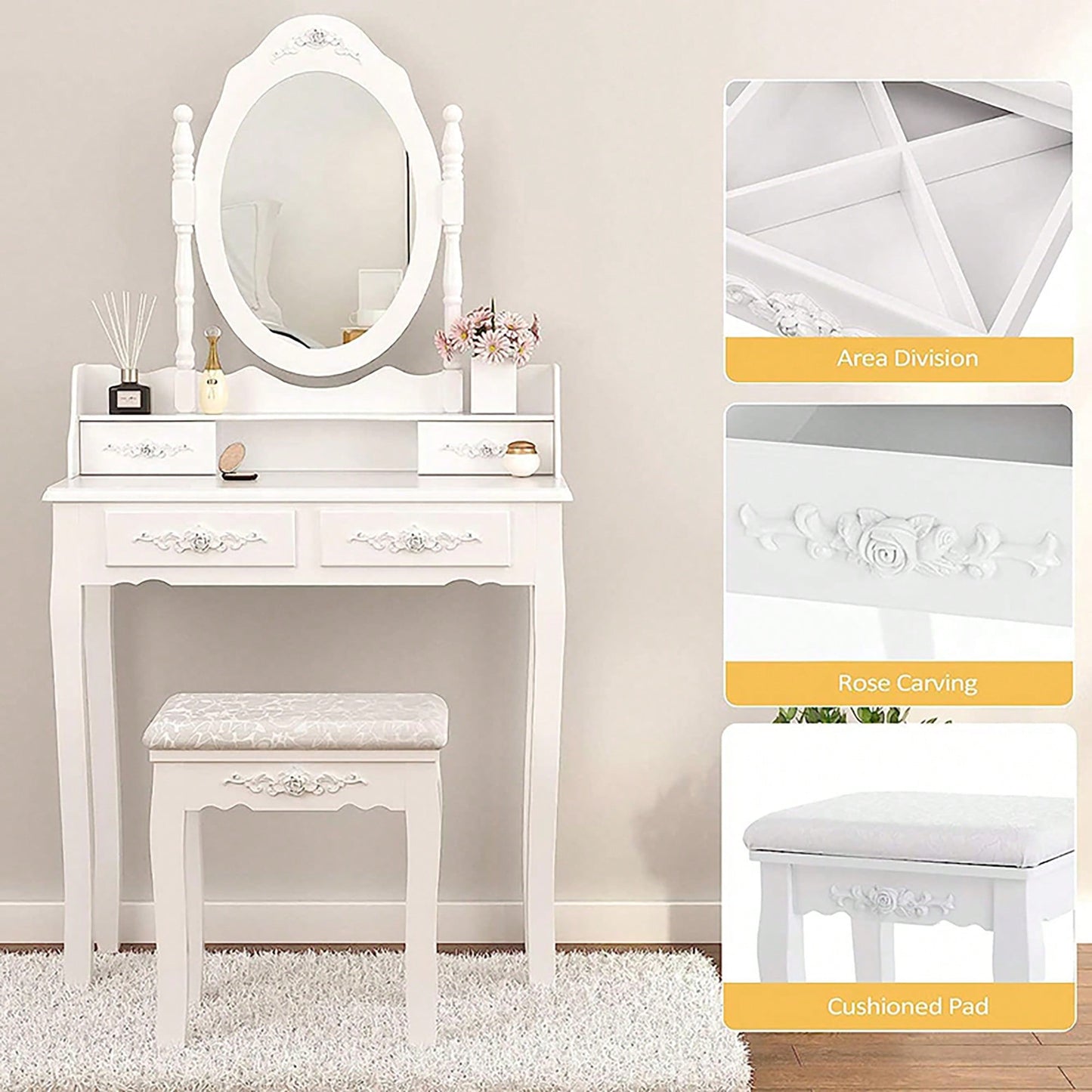 Elegant White Vanity Table Set With 4 Drawers, Cushioned Stool And 360° Oval Mirror For Makeup And Dressing