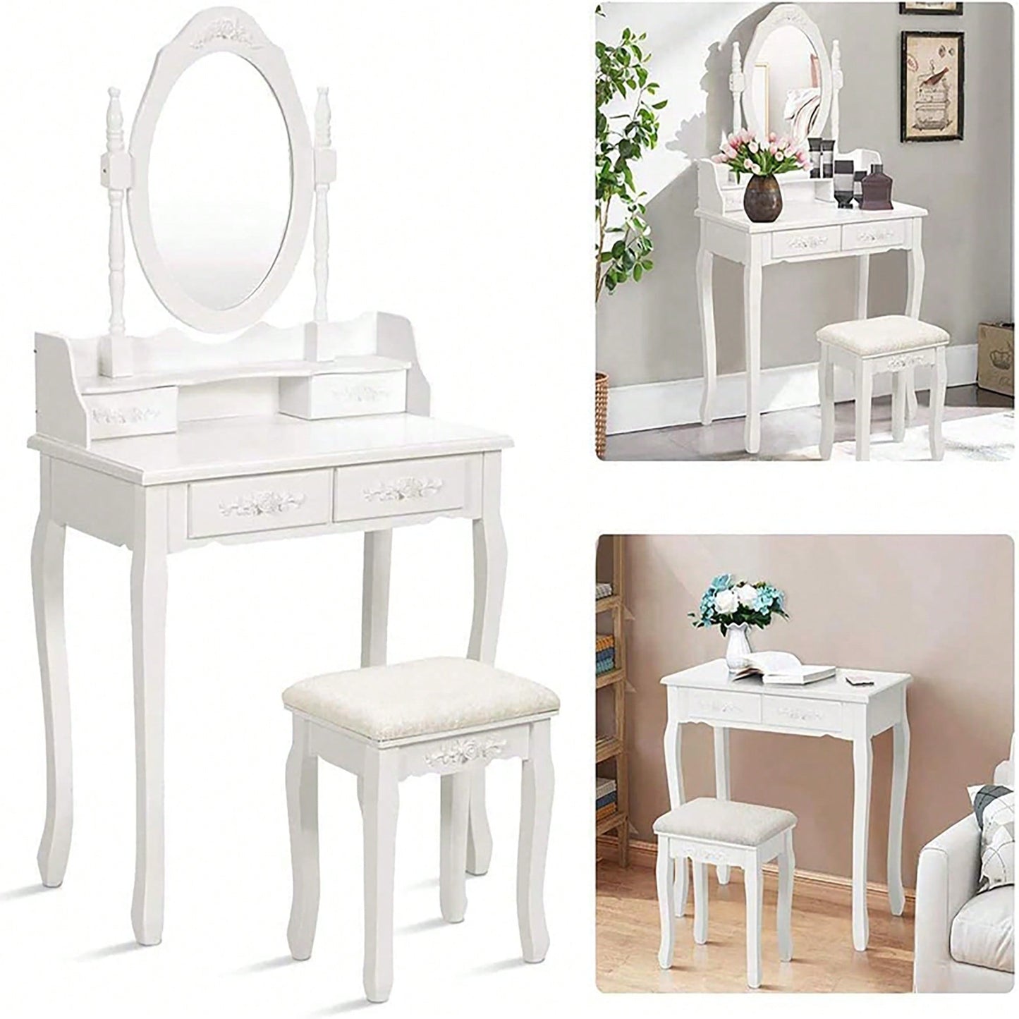 Elegant White Vanity Table Set With 4 Drawers, Cushioned Stool And 360° Oval Mirror For Makeup And Dressing