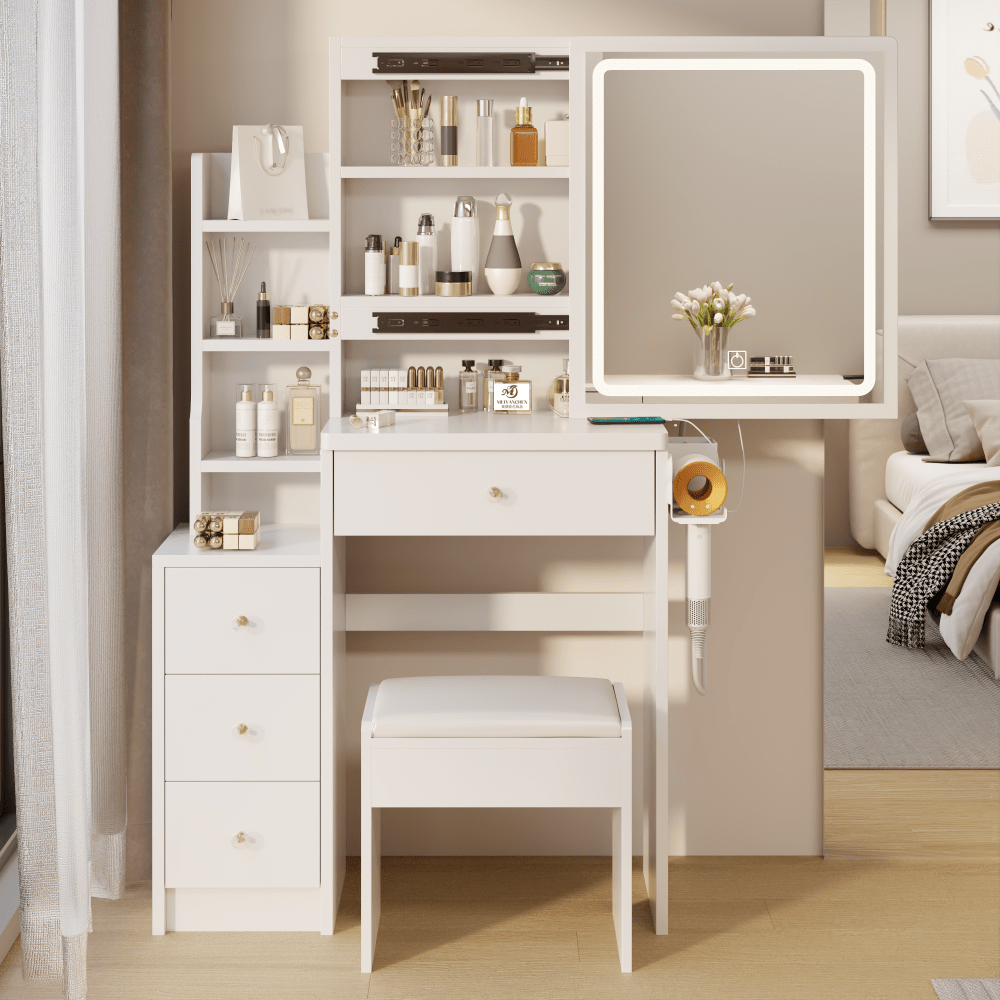Compact Vanity Table with Cushioned Stool Touch Control LED Mirror USB Ports Hair Dryer Bracket Adjustable Brightness Tri-Color Lighting