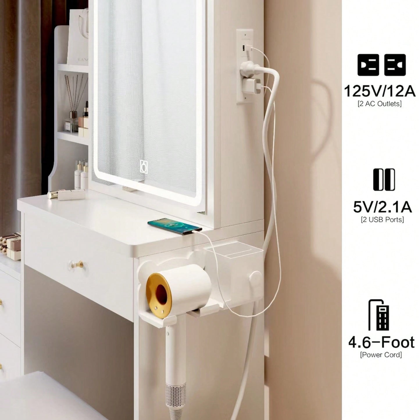 Compact Vanity Table with Cushioned Stool Touch Control LED Mirror USB Ports Hair Dryer Bracket Adjustable Brightness Tri-Color Lighting