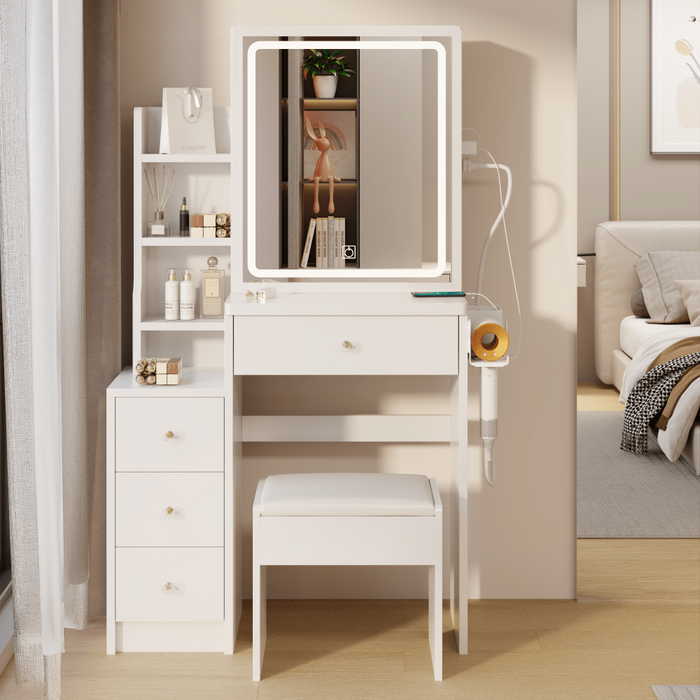 Compact Vanity Table with Cushioned Stool Touch Control LED Mirror USB Ports Hair Dryer Bracket Adjustable Brightness Tri-Color Lighting