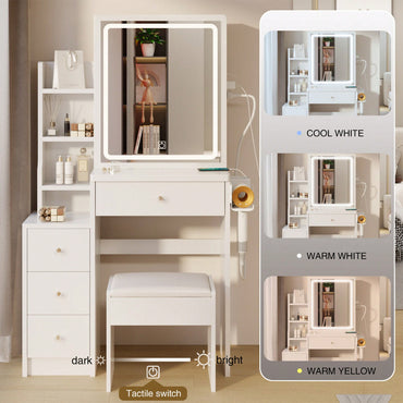Compact Vanity Table with Cushioned Stool Touch Control LED Mirror USB Ports Hair Dryer Bracket Adjustable Brightness Tri-Color Lighting