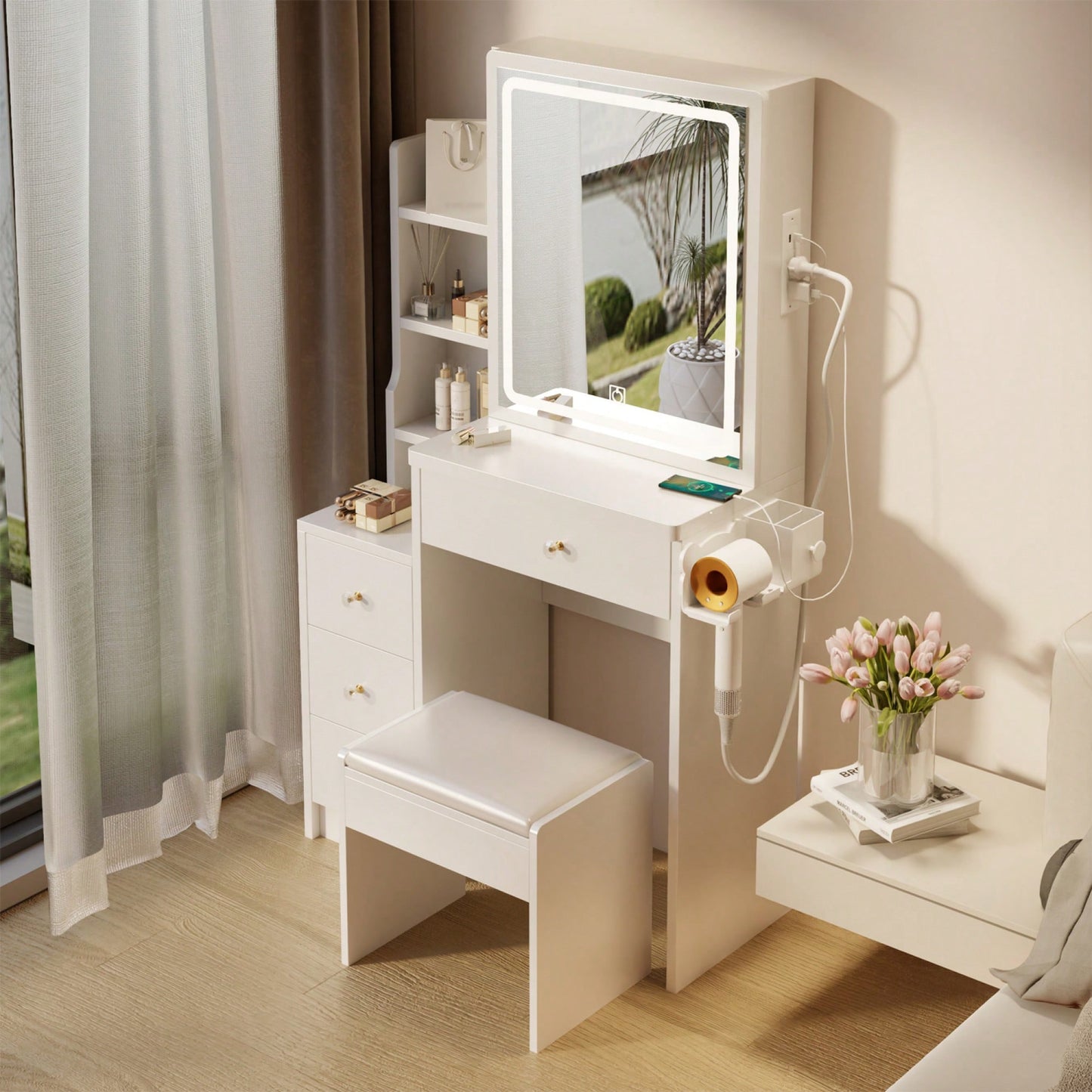 Compact Vanity Table with Cushioned Stool Touch Control LED Mirror USB Ports Hair Dryer Bracket Adjustable Brightness Tri-Color Lighting