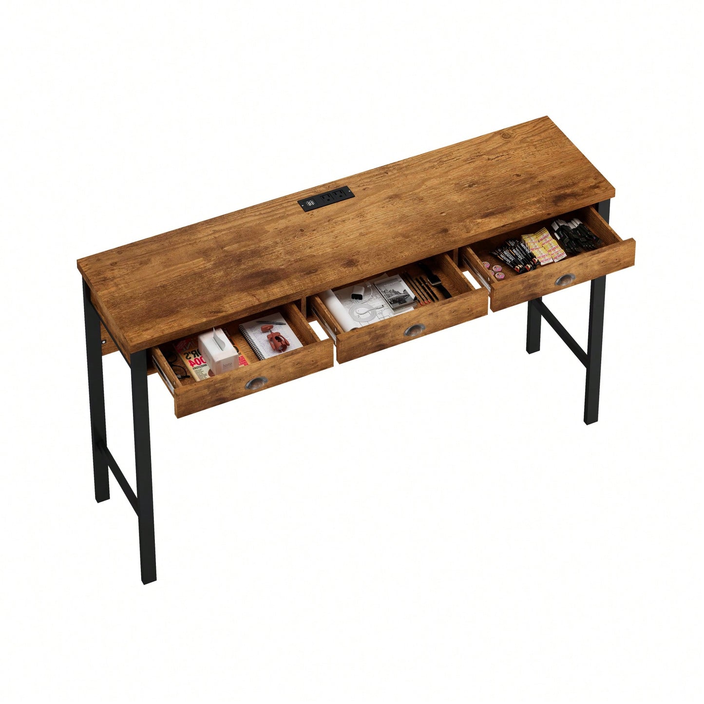 3-Drawer Long Dining Table Set With Power Outlets And Circular PU Stools For Modern Dining Experience