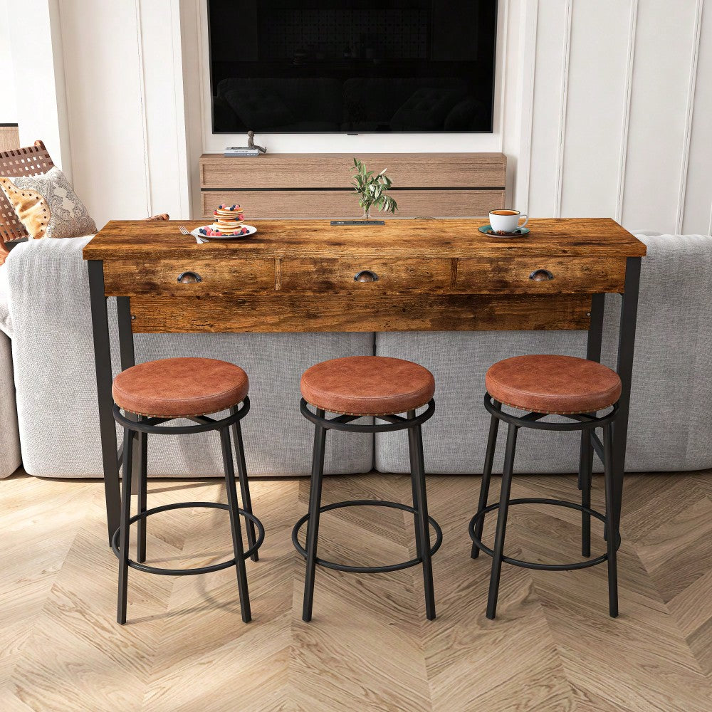 3-Drawer Long Dining Table Set With Power Outlets And Circular PU Stools For Modern Dining Experience