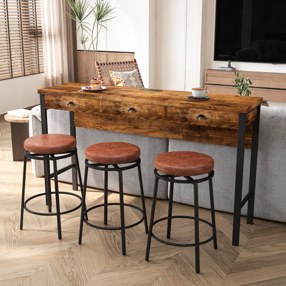 3-Drawer Long Dining Table Set With Power Outlets And Circular PU Stools For Modern Dining Experience