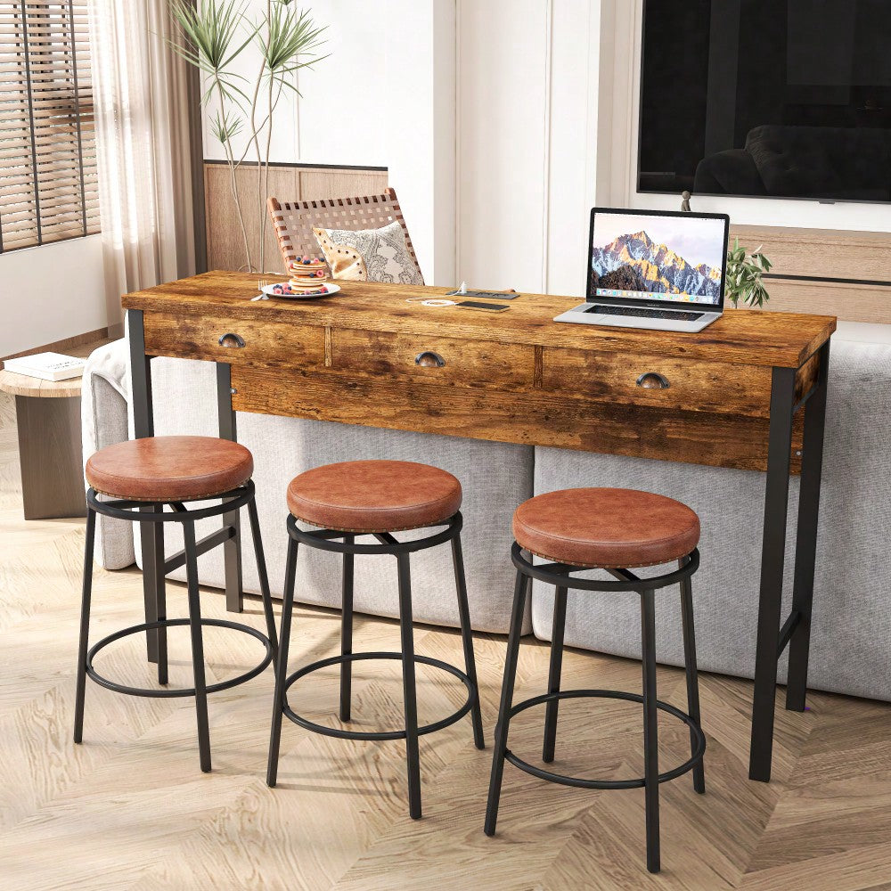 3-Drawer Long Dining Table Set With Power Outlets And Circular PU Stools For Modern Dining Experience