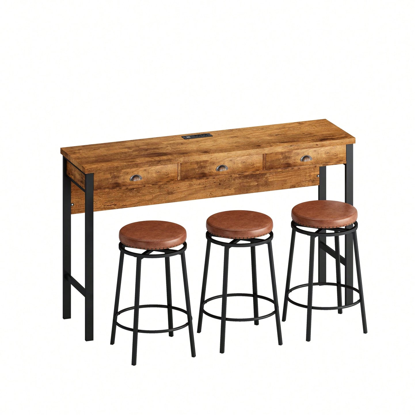 3-Drawer Long Dining Table Set With Power Outlets And Circular PU Stools For Modern Dining Experience