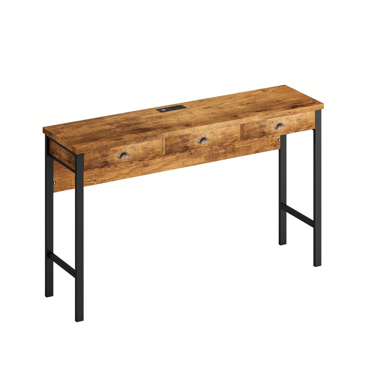3-Drawer Long Dining Table Set With Power Outlets And Circular PU Stools For Modern Dining Experience