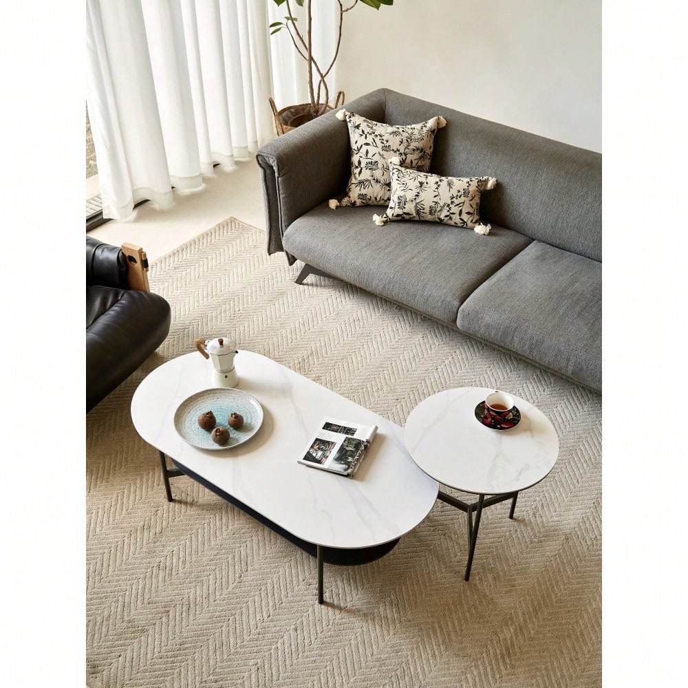 Elegant Ceramic Coffee Table With Walnut Finish Bottom Shelf And Metal Frame For Living Room And Office, Modern Design, Easy Assembly